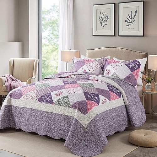 HoneiLife Queen Quilt Bedding Set - 3 Pieces Microfiber Quilt Sets Lightweight Bedspreads Reversible Coverlets Retro Bed Cover Floral Bedding Set All Season Quilts-Purple