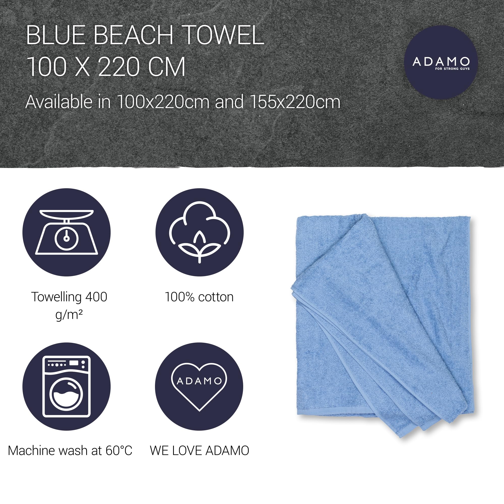 ADAMO Beach Towel XXL 100% Cotton 100 x 220 cm, Steel Blue: 380 XXL Sauna Towel, Bath Towel in Plus Size, Shower Towel - Image 3