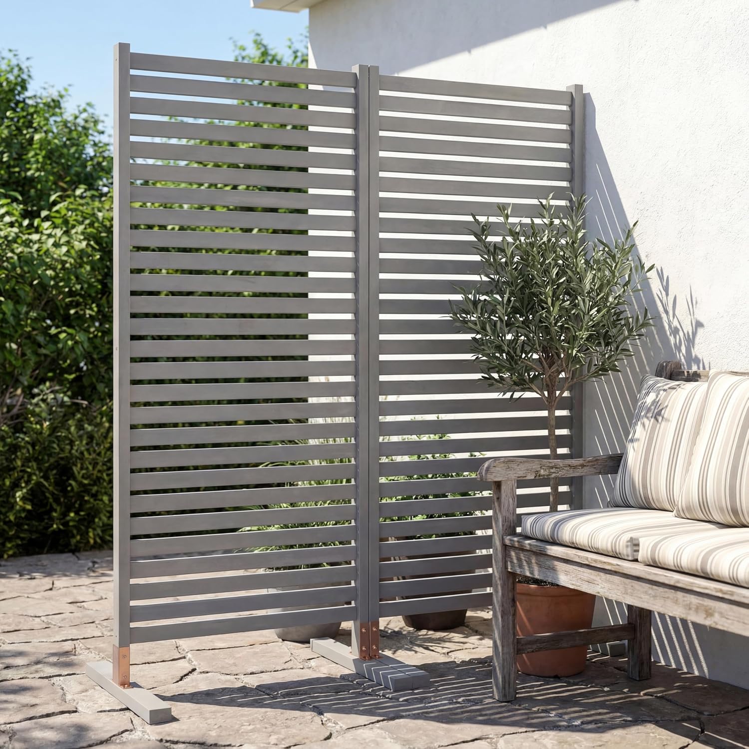 JONATHAN Y Solana 36" W x 74" H Coastal Transitional Acacia Wood Slat Indoor/Outdoor Single Panel Room Divider, Gray Wash (DVR2000B)