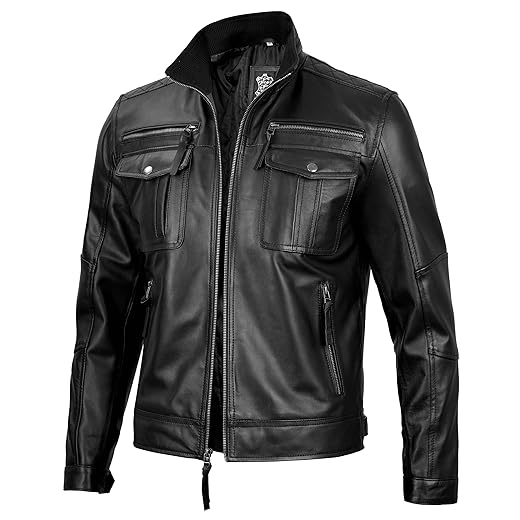 Jaqueta masculina de couro legítimo – Jaqueta de couro masculina premium 100% pele de cordeiro, Black - Moffit Leather Jacket, Medium