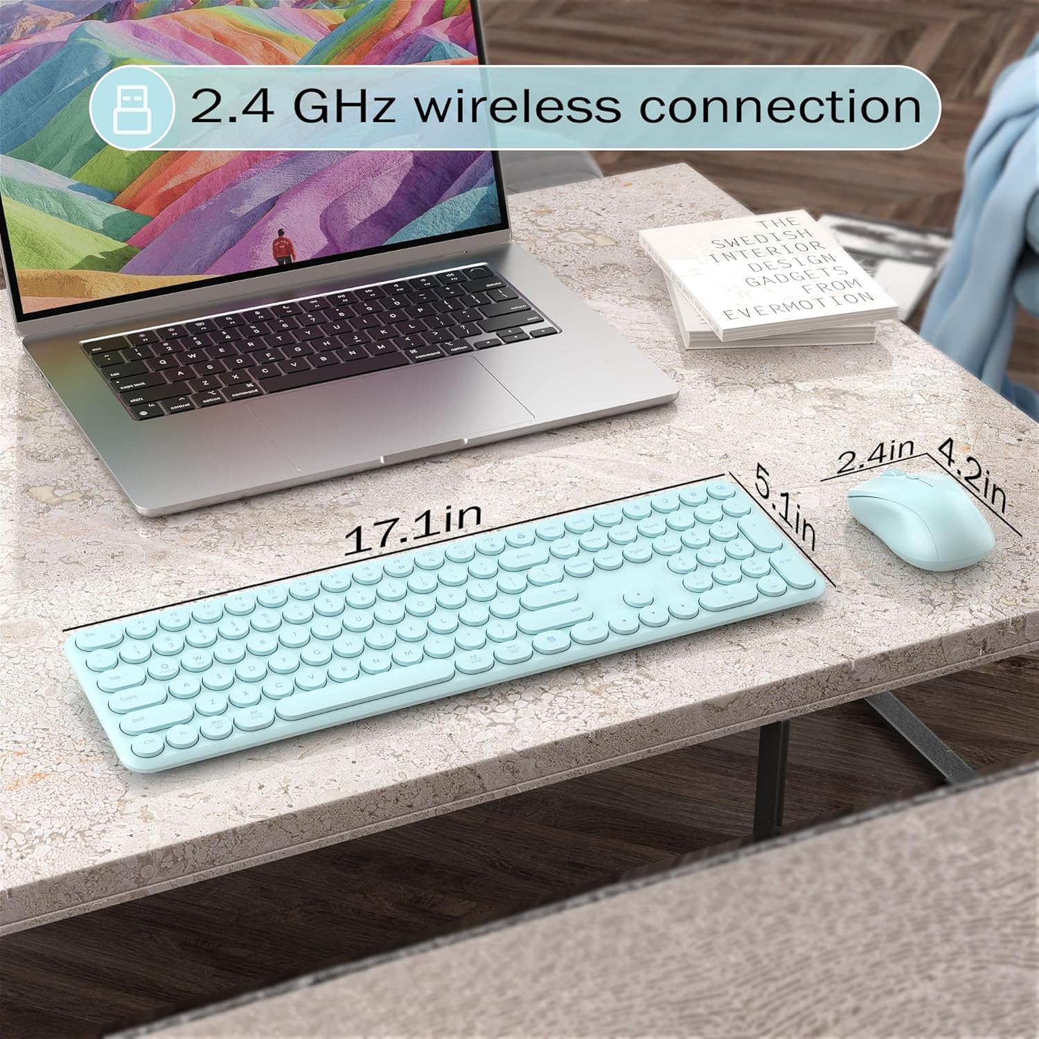 Wireless Keyboard and Mouse Combo, 110 Round Quiet Keys, Adjustable Optical Mouse, Share 1xUSB Receiver, Power Switch, for Windows Mac(Blue)