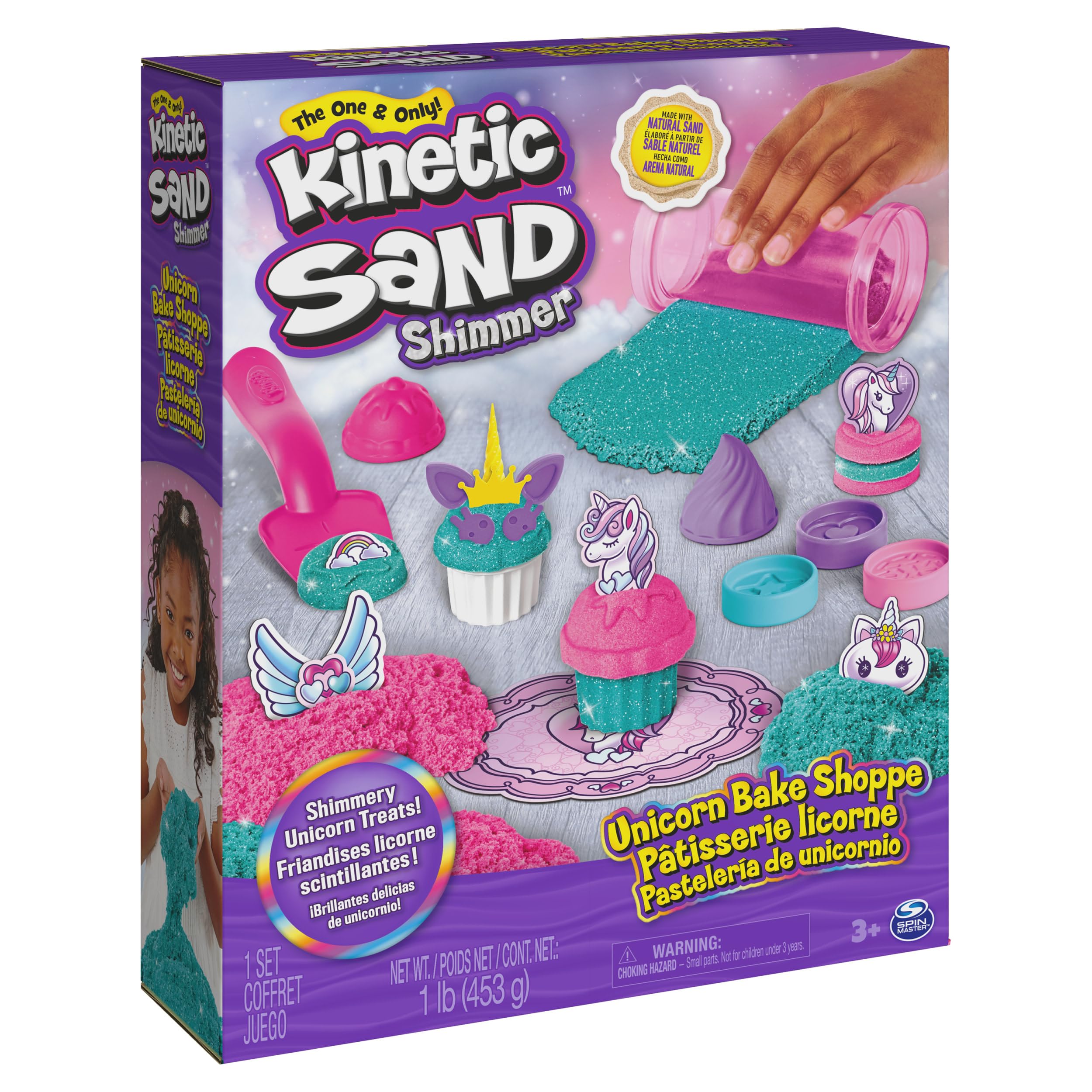 Kinetic Sand Shimmer, Set di Gioco Laboratorio di Pasticceria Unicorni, 453 g di Sabbia Cinetica, Verde Acqua Luccicante e Rosa, 8 Attrezzi Unicorno, Giocattoli Sensoriali per Bambini, 3+ Anni