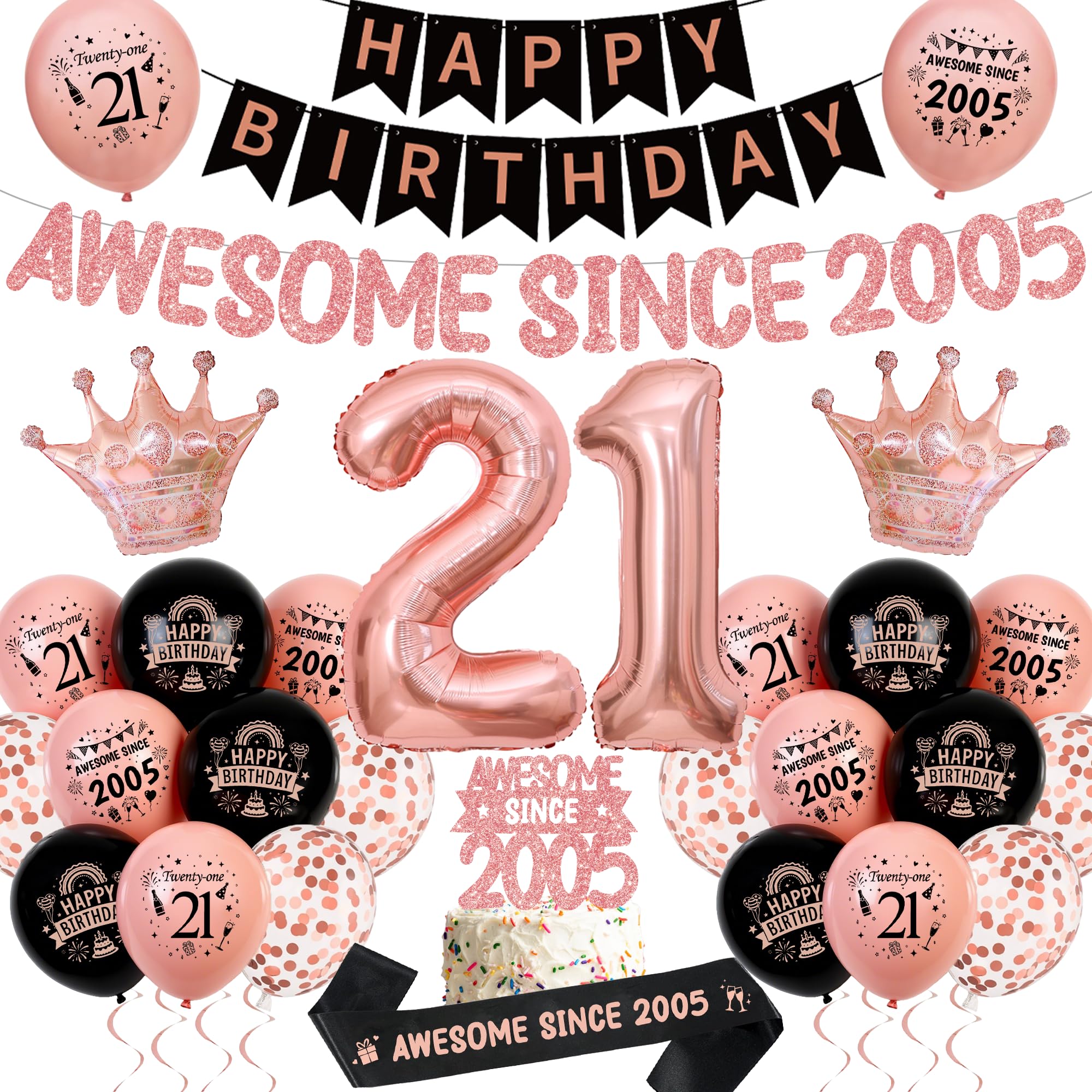 21st Birthday Decorations for Women, Awesome Since 2005 Banner Balloons