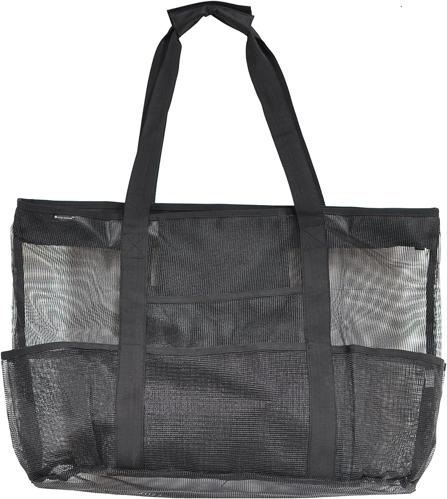 Mesh Beach Bag Large Black 24 x 16 by Victus Outdoors With Zip Top, Long 12in Handles, Inside Zippered Pocket, Spring Clip, 8 Big Outside Pockets, Sand and Water Drains Away, With Bonus Tote Bag