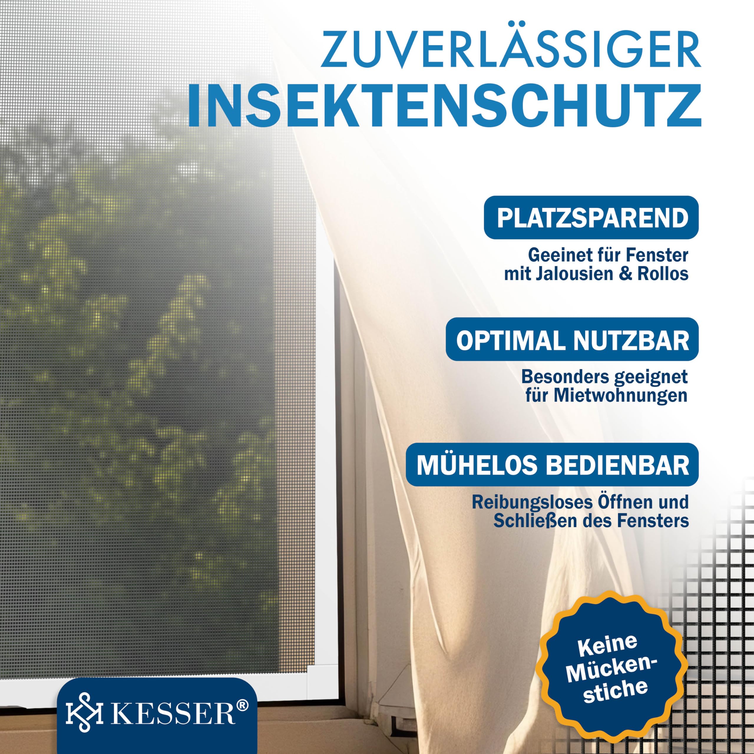 KESSER® Zanzariera per finestre con telaio in alluminio Zanzariera, Protezione dagli insetti, Zanzariera, Rete contro le zanzare, telaio di fissaggio, senza foratura e viti, 130 x 150 cm, Bianco