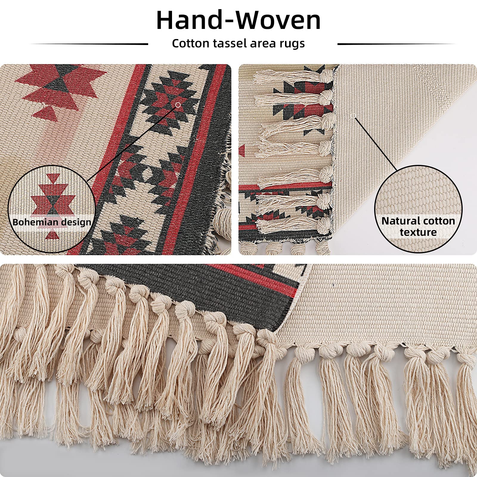 Dywan obszarowy, bawełniany dywan podłogowy Boho, tuftowany duży dywan obszarowy z frędzlami Ręcznie tkane dywaniki dekoracyjne do salonu Wystrój sypialni (Sintra 60 x 130 cm)