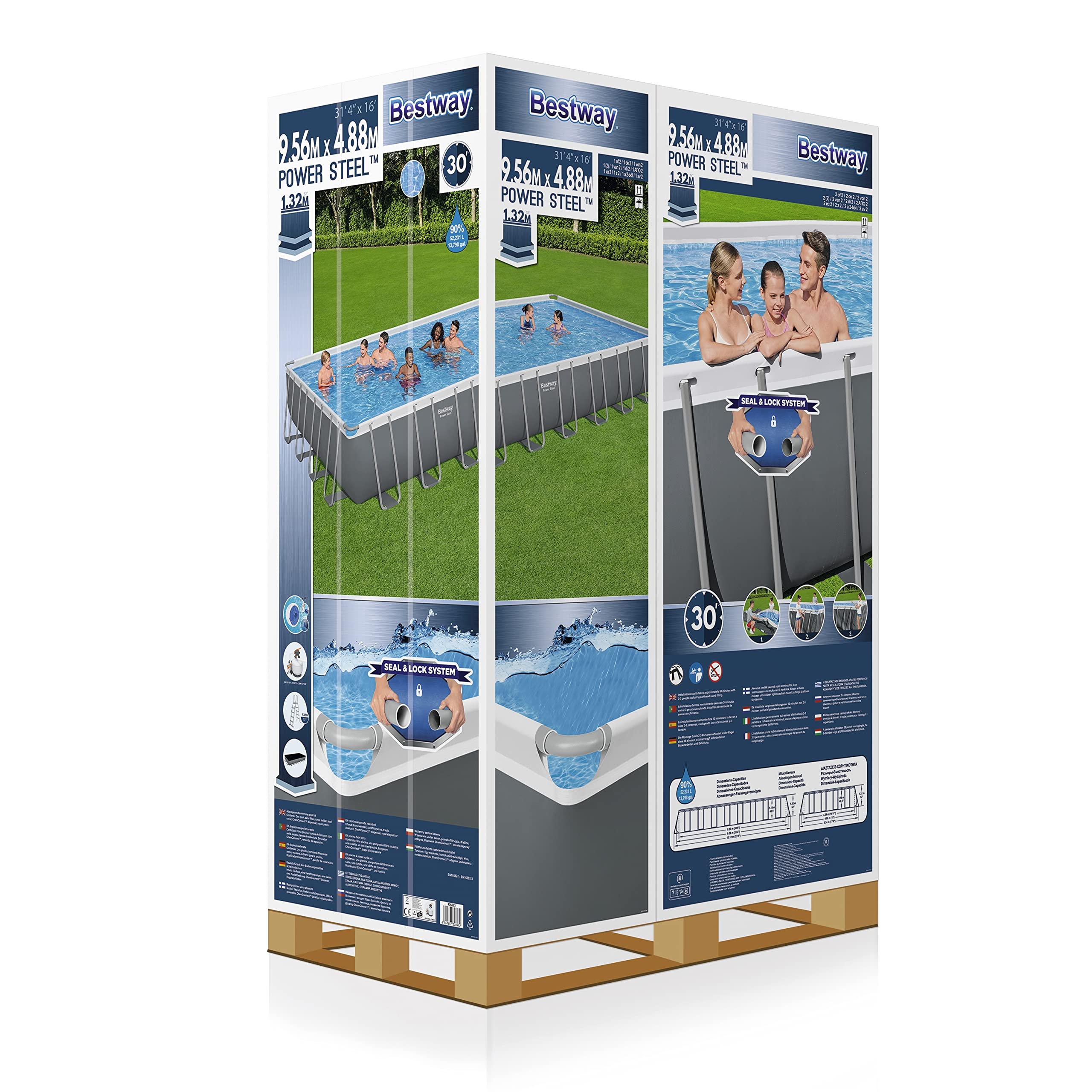 Bestway, Power Steel, Piscina rettangolare con struttura in acciaio, grigio chiaro, pompa con filtro a sabbia + accessori, 956 x 488 x 132 cm
