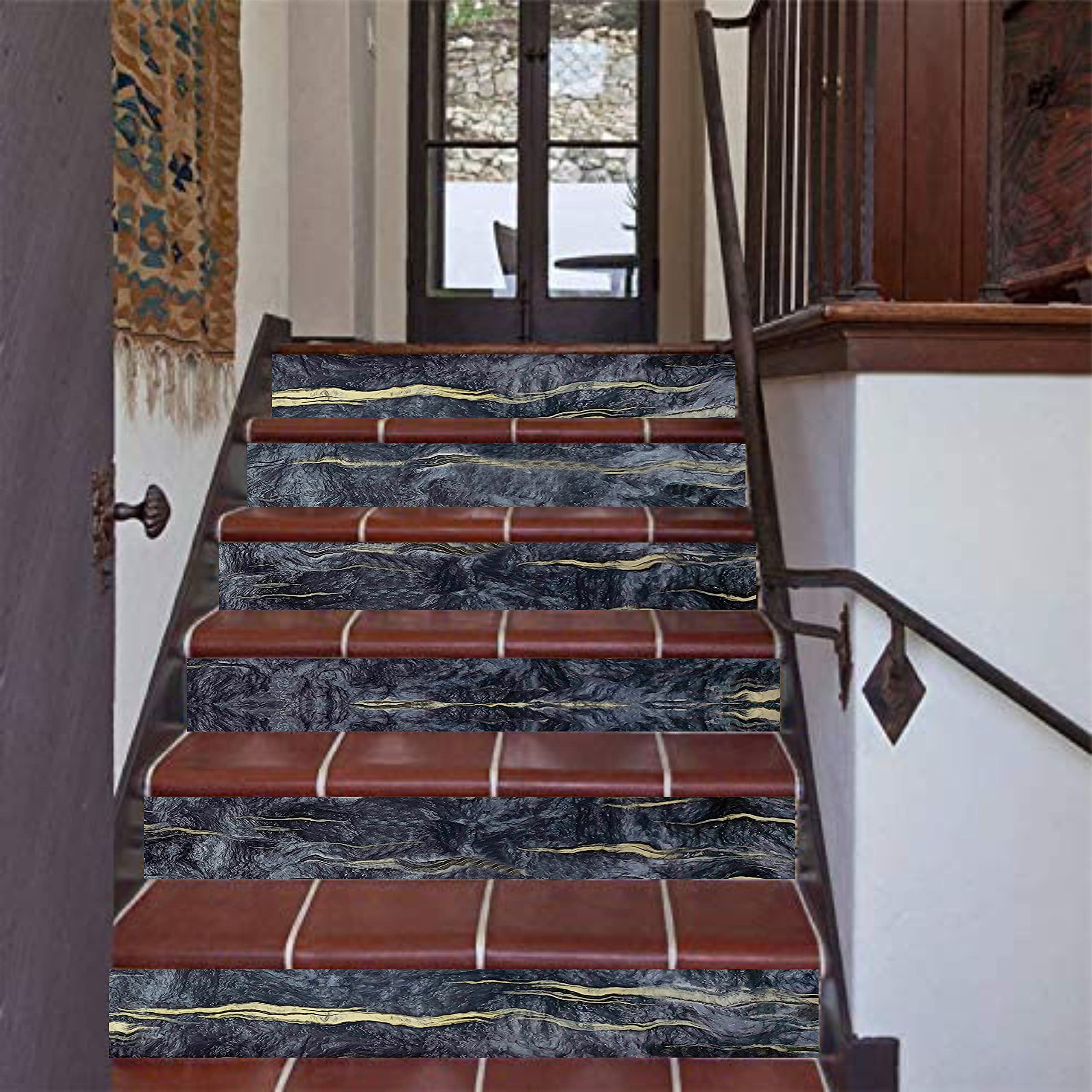 ELTON 13 PCS Premium Stair Vinyl Stickers, DIY Just Peel and Stick Stair Risers Waterproof Murals Decals Sticker Decor for Steps, 36 x 7 Inch Black Marble