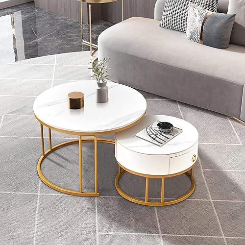 Miniatura 5 de Juego de 2 mesas auxiliares anidables de 27.6 pulgadas, mesas de centro redondas de piedra sinterizada con cajón y marco de metal, mesa central de