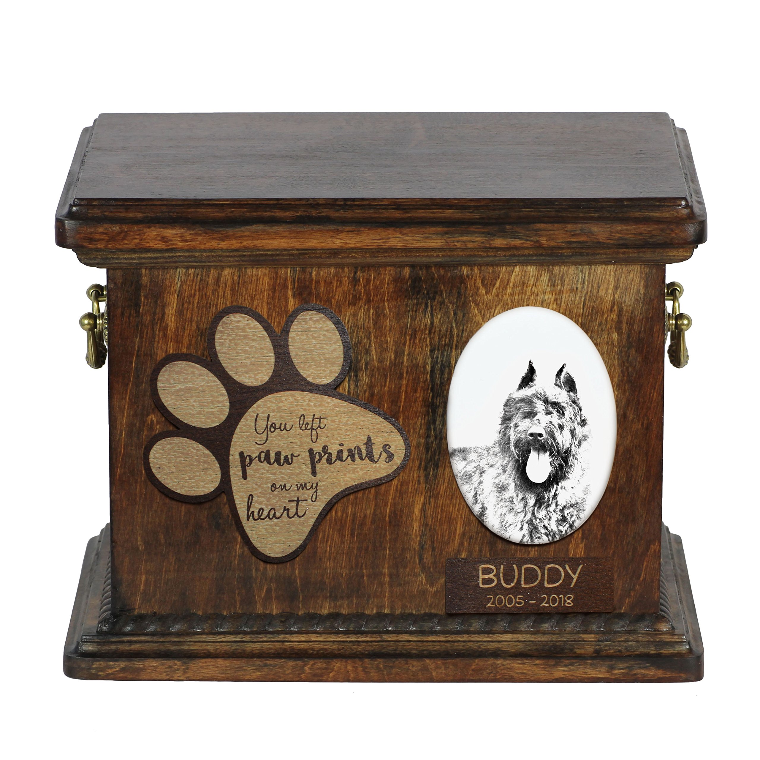 Art-Dog Custom Dog Memorial Urn - Handmade Cold Cast Bronze Portrait on Birch Base with Personalized Ceramic Plate - Elegant Dog Cremation Box – 8,3x11,4x8,7” – Bouvier — image 1