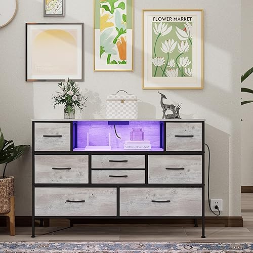 Miniatura 8 de Simoretus Cómoda larga con estación de carga y luz LED para dormitorio, 8 cajones de tela de poliuretano, cómoda ancha con toma de corriente,