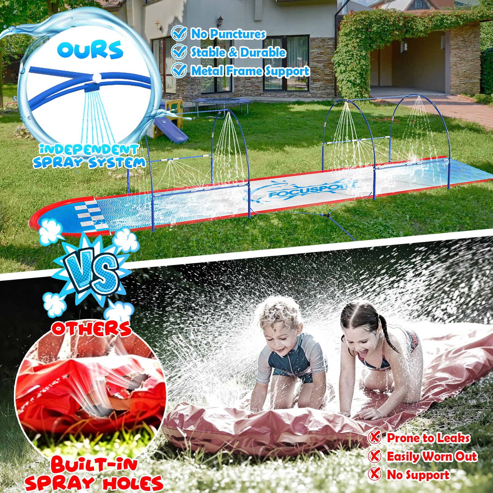 Toboggan à eau de pelouse de 7,9 m avec double cadre en métal et système d'arrosage indépendant, toboggan aquatique pour enfants, comprend 2 bodyboards, 6 piquets, pompe à air, jouet