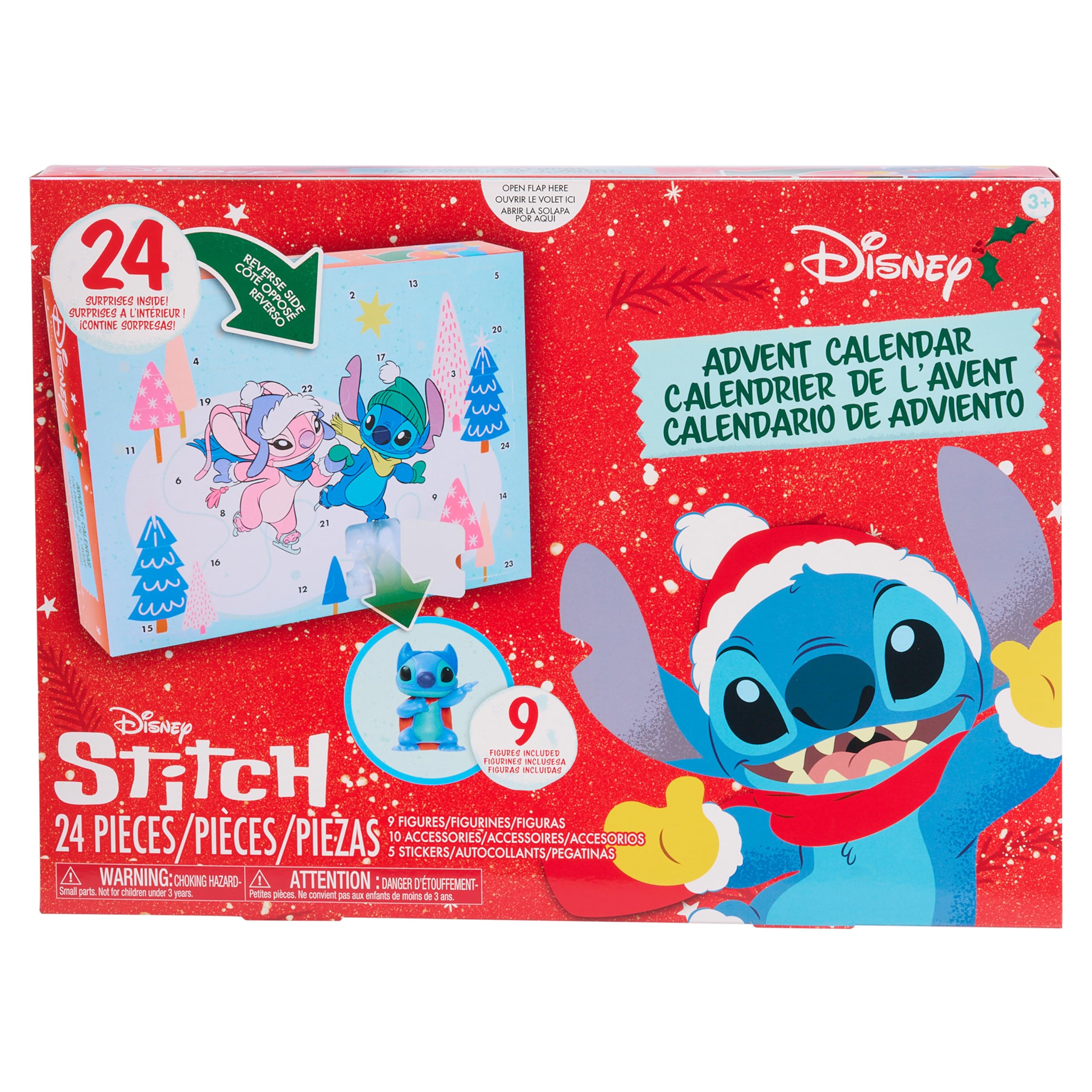 Disney Stitch Advent Calendar, 24 Day Christmas Countdown with 9 Mini Figures, Holiday Accessories & Stickers