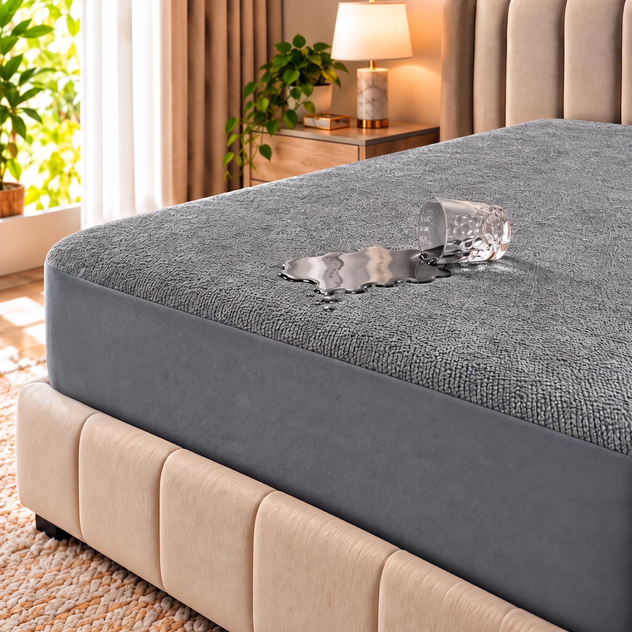 Trance Home Linen 220 GSM+ 78"x72"x12" Premium Cotton Waterproof Mattress Protector | Elasticated Fitted Style Bed Protector for Double Bed King Size with 12 inch Thick (78x72x12 inch,Grey)