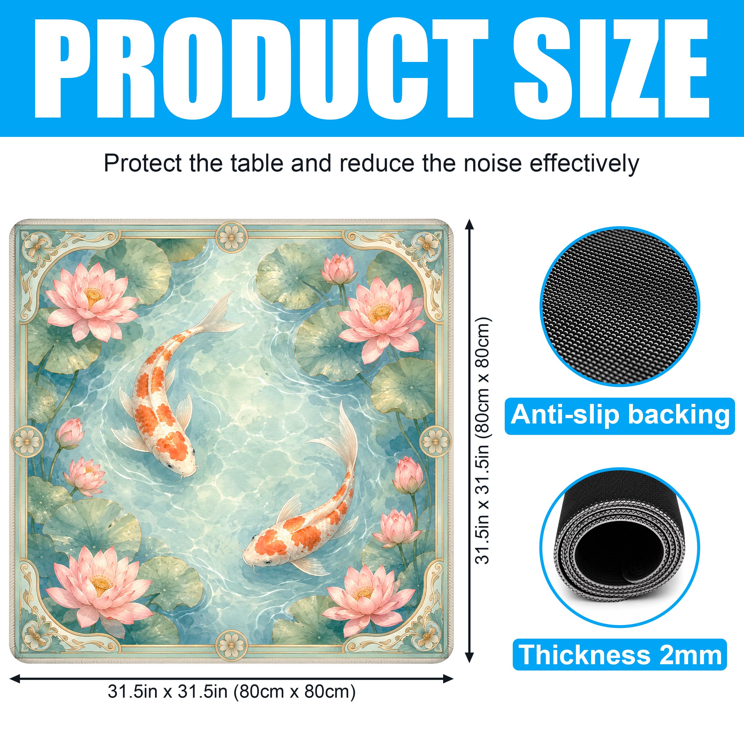 SODAVA Lotus Pond Koi Mahjong Mat 31,5 x 31,5 cm Élégant Jardin aquatique Asiatique Antidérapant Réduction du Bruit Tapis de Table de Jeu pour Mahjong, Jeux de société, Cadeaux pour joueurs de