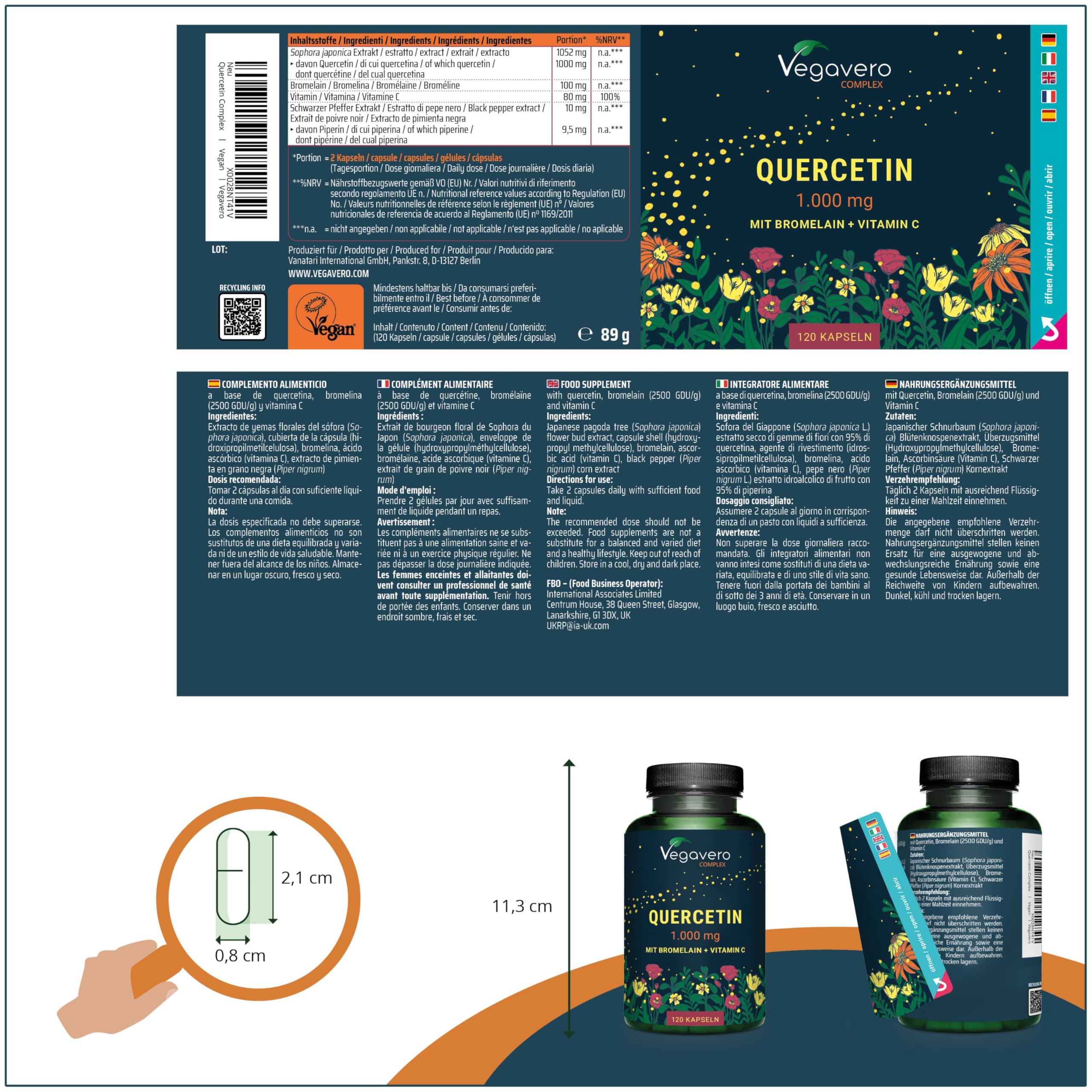 Quercetina Complex | 1000mg | Sophora Japonica | Con Bromelina, Vitamina C e Pepe Nero | Integratore di Flavonoidi | Alto Dosaggio | Vegan | Senza Additivi | Vegavero®