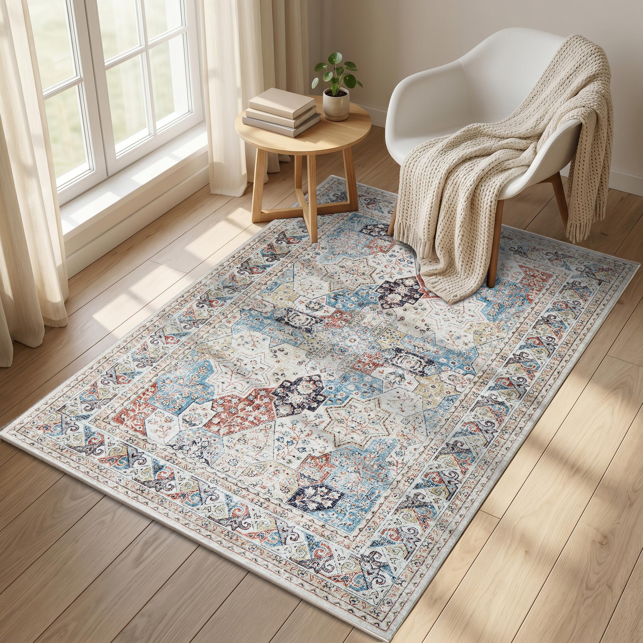 Hafaa Washable Rugs Living Room 80x150 cm – Soft Short Pile Abstract Cream Area Rugs For Bedroom Dining Room, Kitchen Carpet Non Slip Bedside Rug Traditional Vintage Boho Cashmere Rug, Coastal — image 1