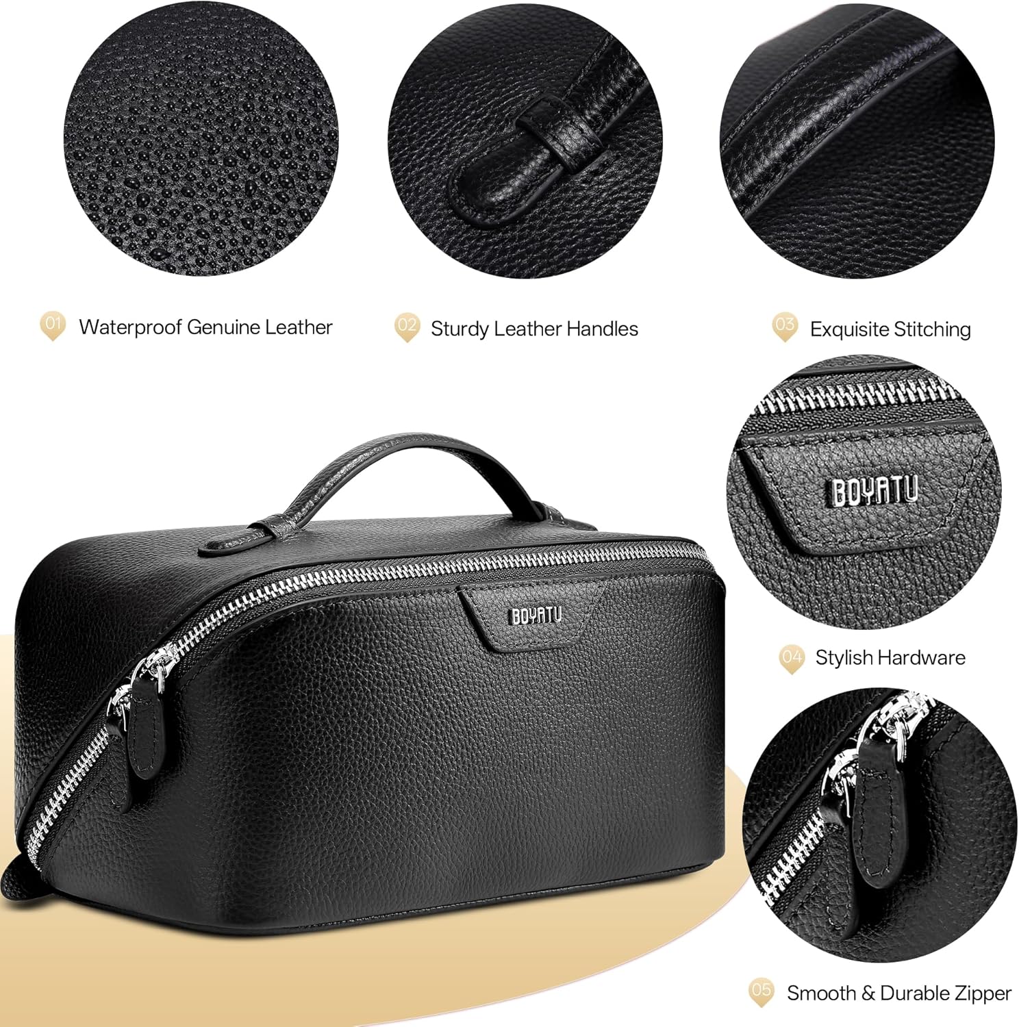 BOYATU Genuine Leather Travel Makeup Bag: Large Capacity 3 Pcs Set Cosmetic Bags for Women - Designer Waterproof Hand-made for Toiletry Organizer - Ladies Travel Essentials for Elegance (02Black)