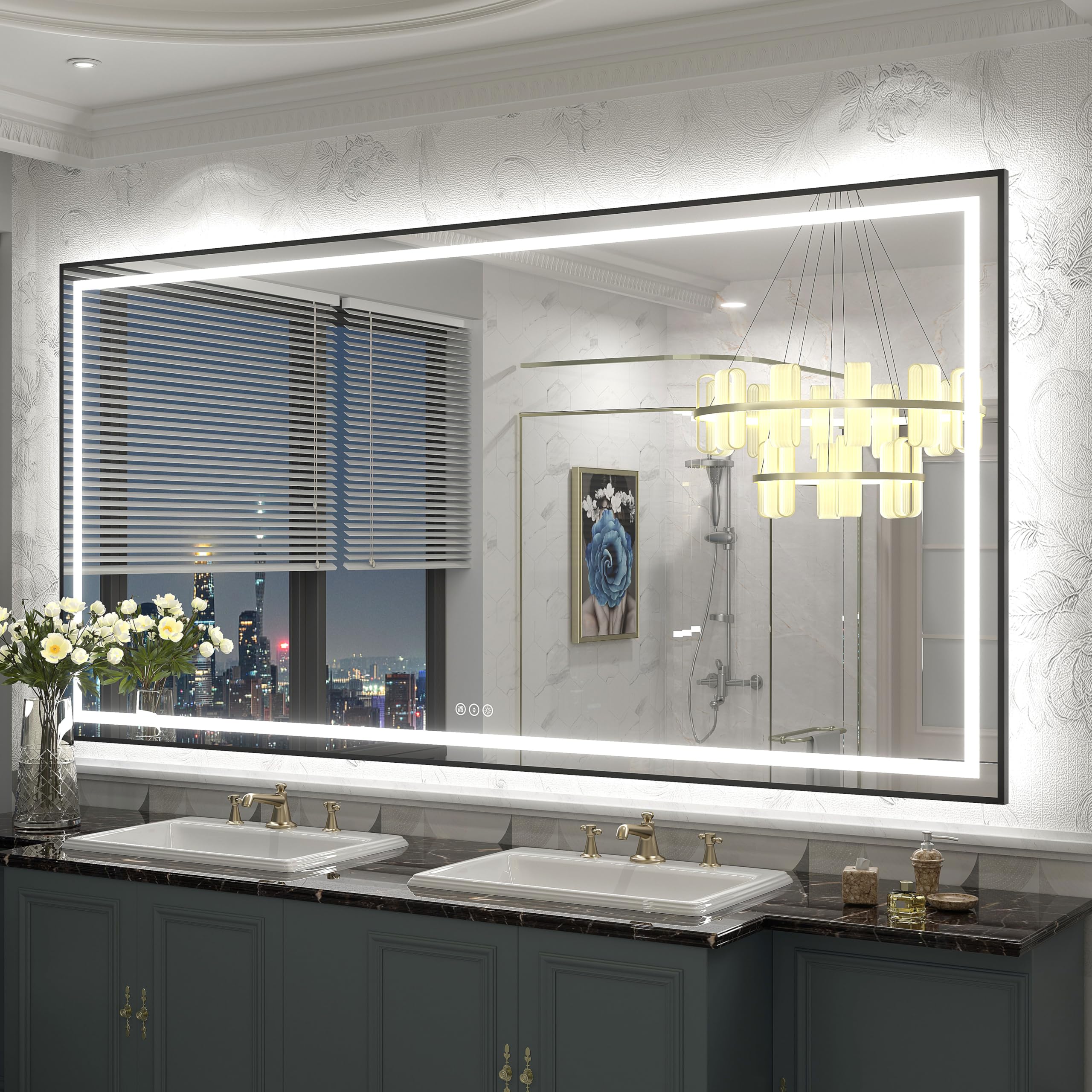 72x36 black framed led bathroom mirror for wall, large lighted vanity mirrors with lights, dimmable, anti-fog, memory, shatterproof, etl listed (front and backlit)