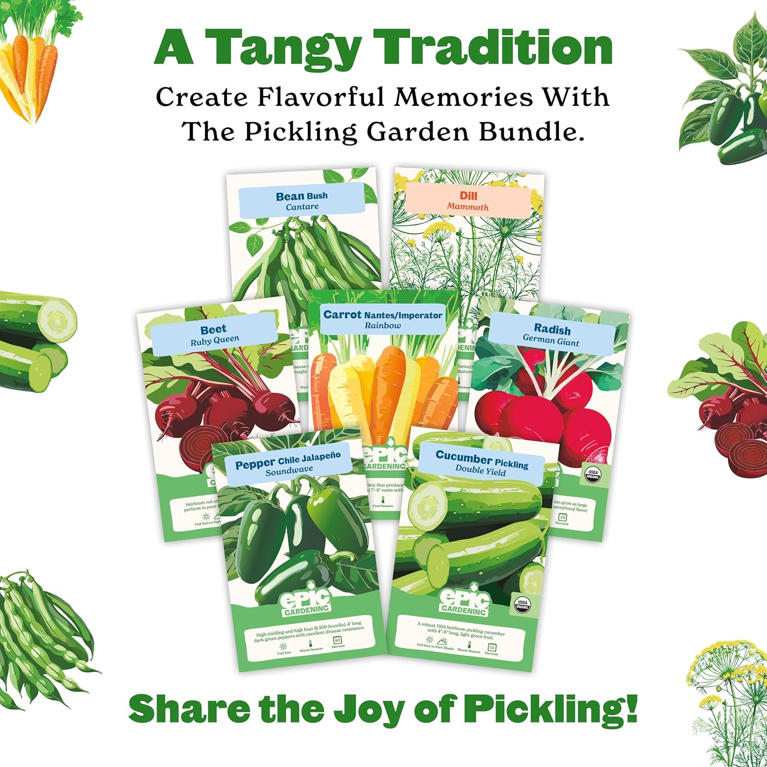 Epic Gardening Pickling Garden Seed Kit - 7 Non-GMO Varieties for Pickling, Includes Beets, Cucumbers, Dill, Jalapeños & More, Easy-to-Grow Seeds in Eco-Friendly Packaging, Perfect for Beginners