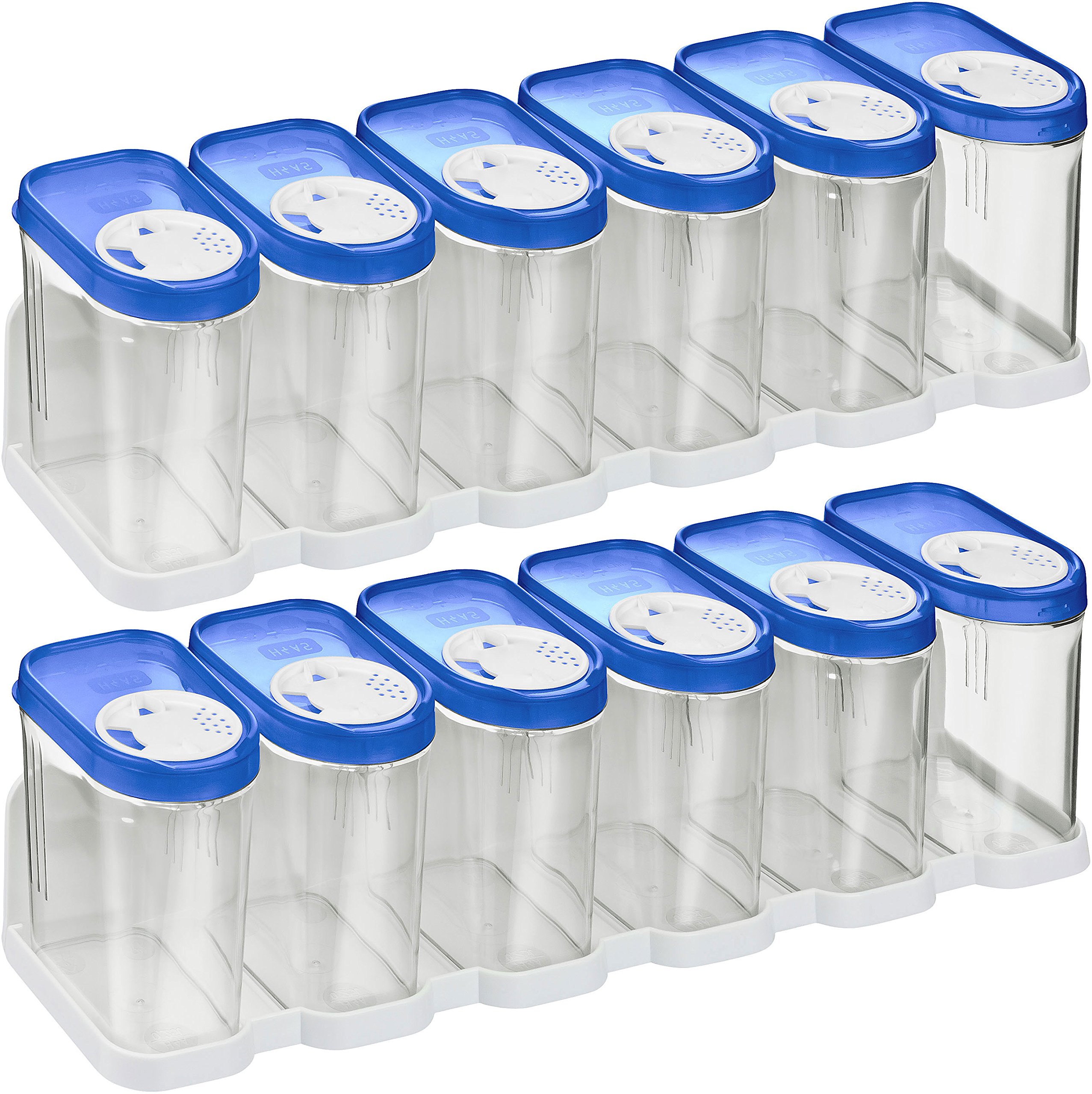 Kigima Contenitori per spezie Contenitori per alimenti Contenitori erogatori Barattolo (Blu, 0,25l (12 Pz e 2 Scaffali))