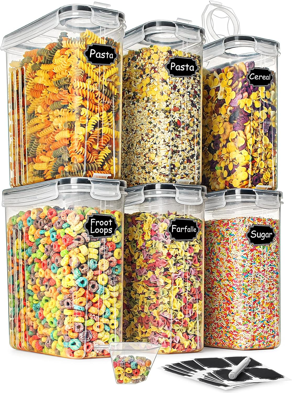 TAEVEKE Large Cereal Dry Food Storage Containers Set, 4L-6Pcs Airtight Cereal Storage Containers,BPA Free Cereal Containers Storage Set，Ideal for Dry Food，Sugar, Flour,with Lables & Marker (BLACK)