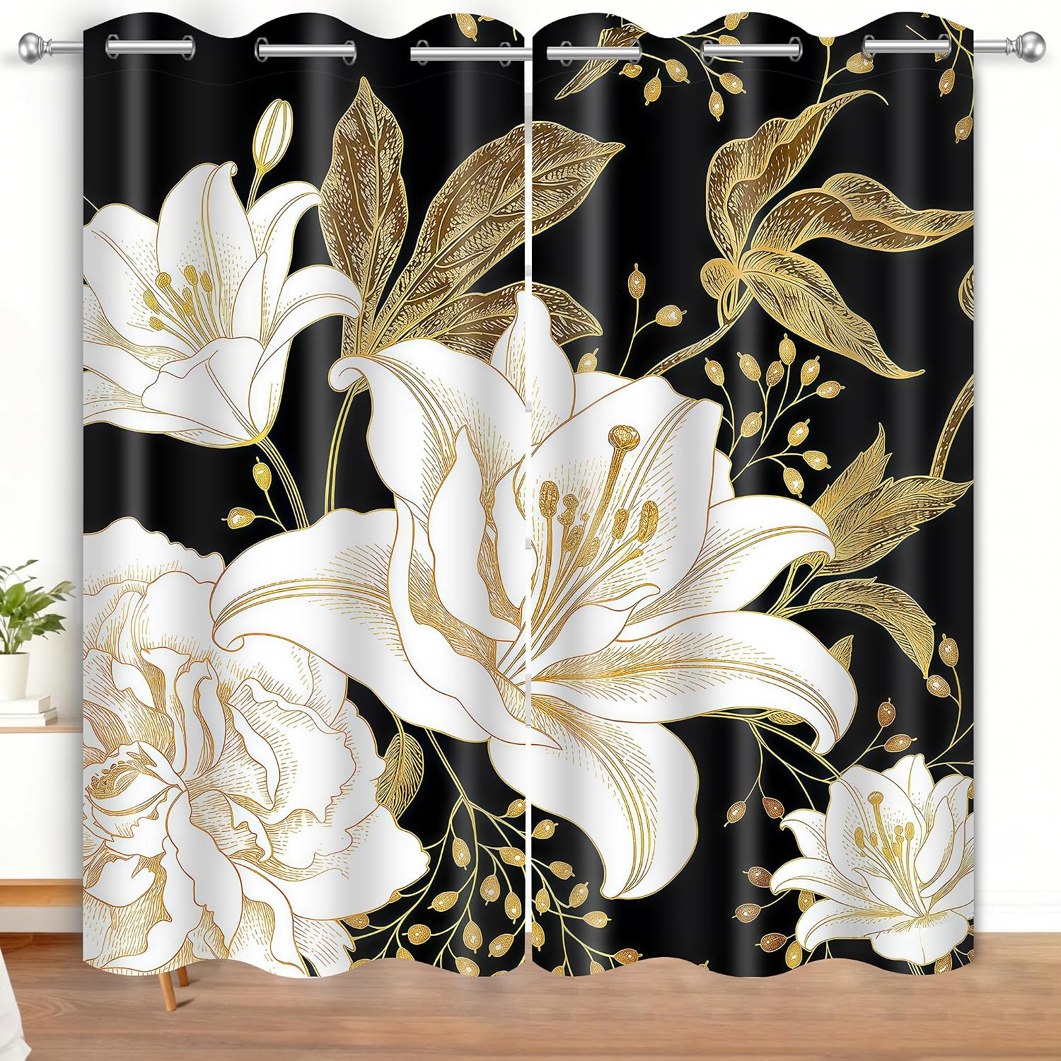 Black Gold Floral Blackout Curtains for Bedroom Living Room Boho White Flower Gold Leaves Window Curtain Vintage Grommet Room Darking Drapes 2 Panels, 42X84 Inch