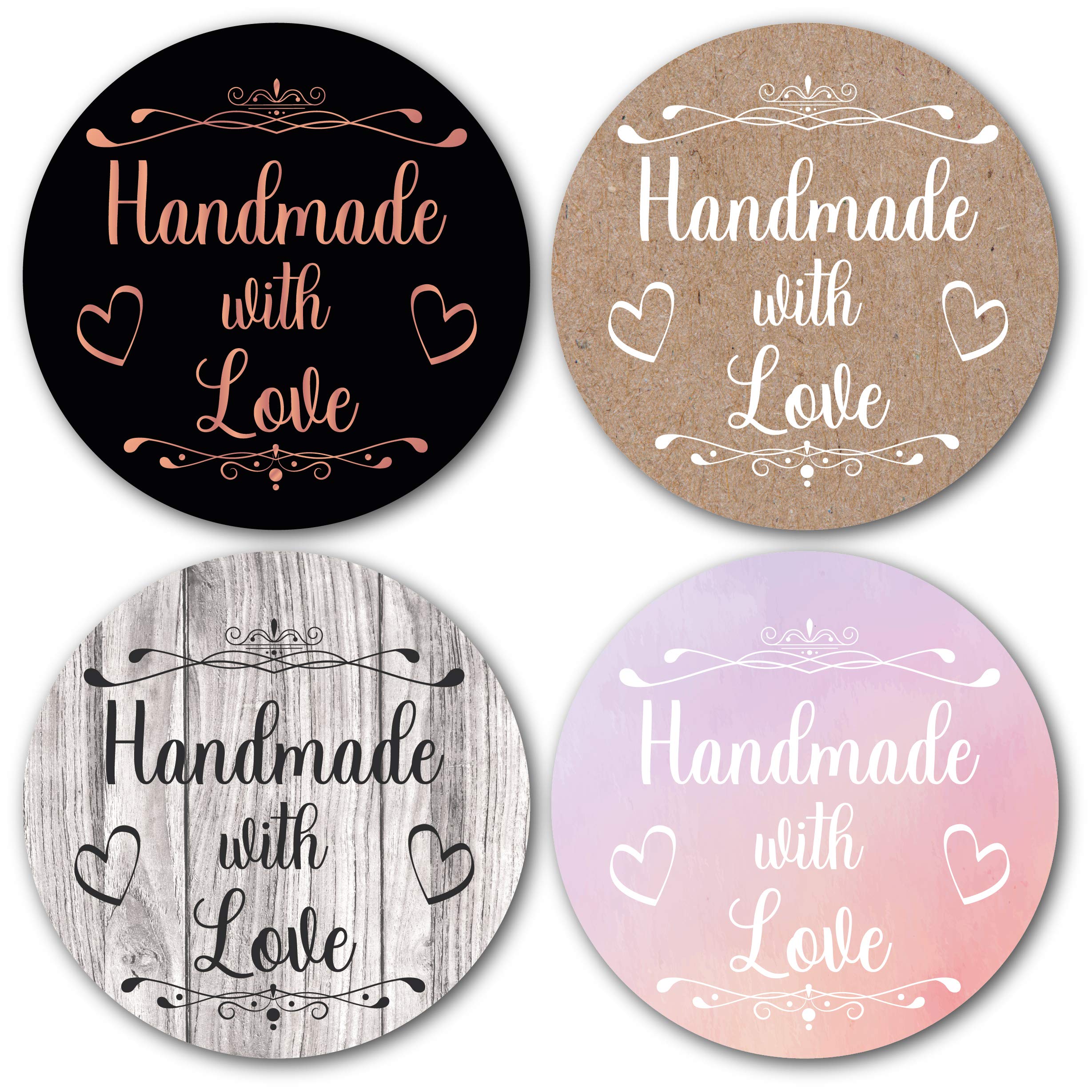 40mm Handmade with Love Stickers - Pack of 48-4 Designs - Black & Rose Gold, Wooden, Kraft Brown & Peach/Lilac (48 x Stickers)