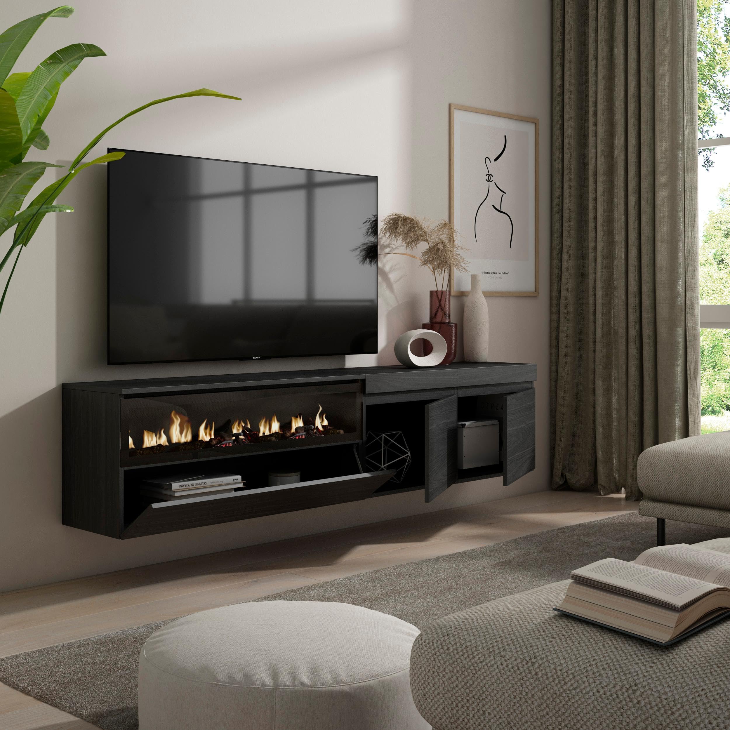 Mobile TV Moderno Con Camino Elettrico - Rovere E Nero 200x45x35 Cm - Foto 8