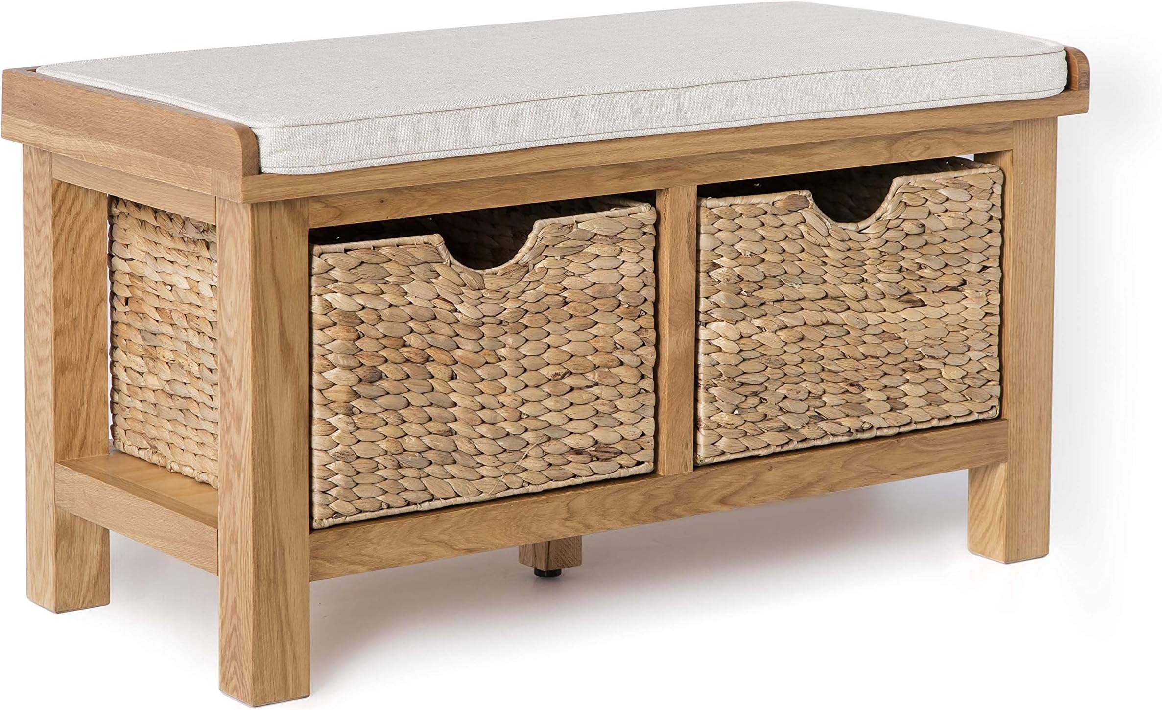 Surrey Oak Hallway Bench With Baskets | Roseland Furniture Traditional Rustic Waxed Solid Wooden Shoe Storage for Hall or Kitchen, Fully Assembled, 90 x 49 x 42 cm