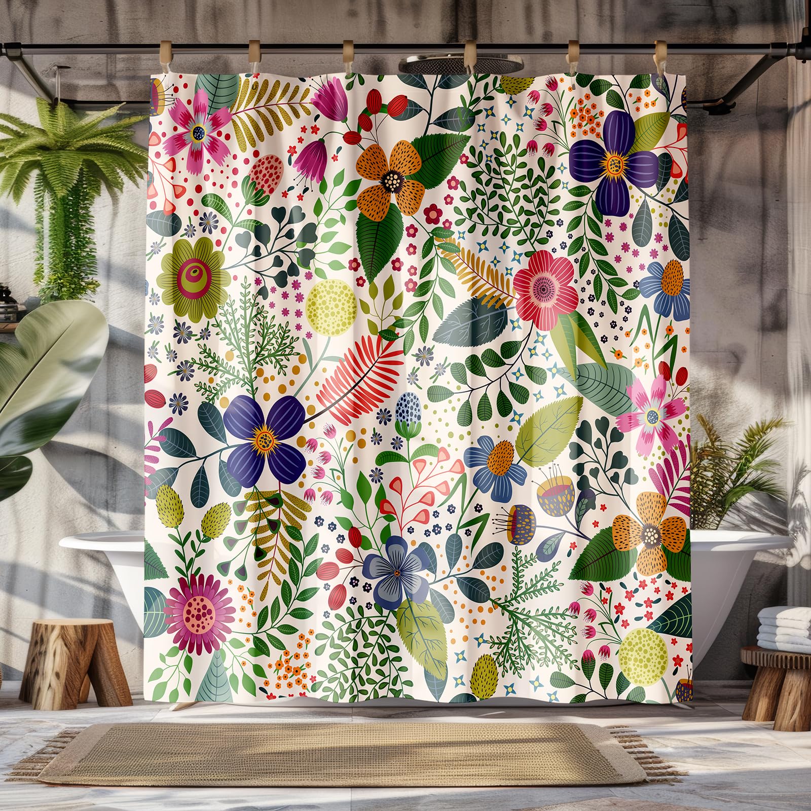 Peopleareok Colorful Flower Shower Curtain, Cute Floral Fabric Shower Curtain, Polyester Fabric Bathroom Decor Set with 12 Hooks, 72" W x 72" L