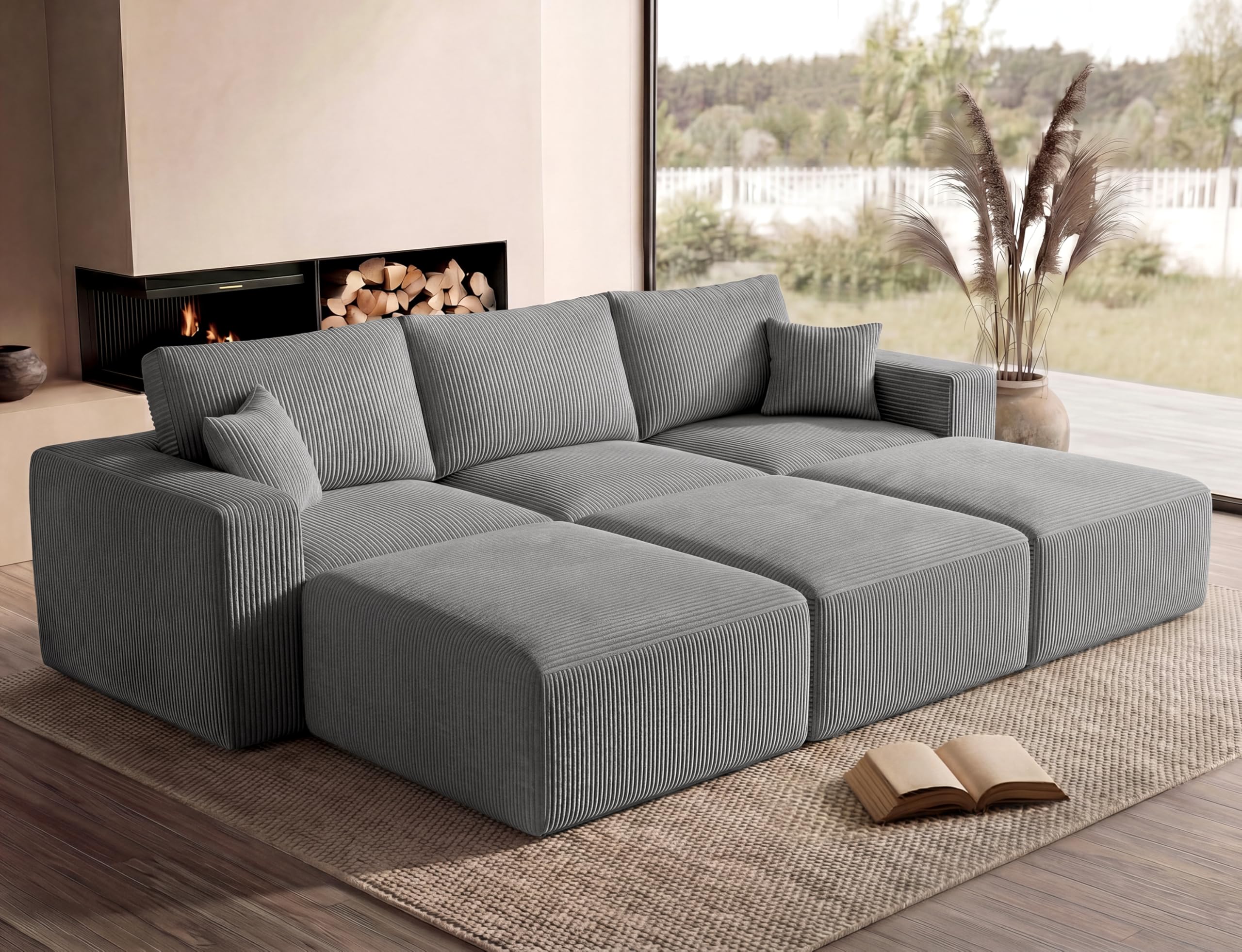 Living&Giving（WALKBON） Modular Sectional Sofa Bed with Chaise, 115" Memory Foam Cloud Couch, Boneless Corduroy Upholstered Floor Couch, No Assembly Required Living Room Furniture for Apartment Home, Grey