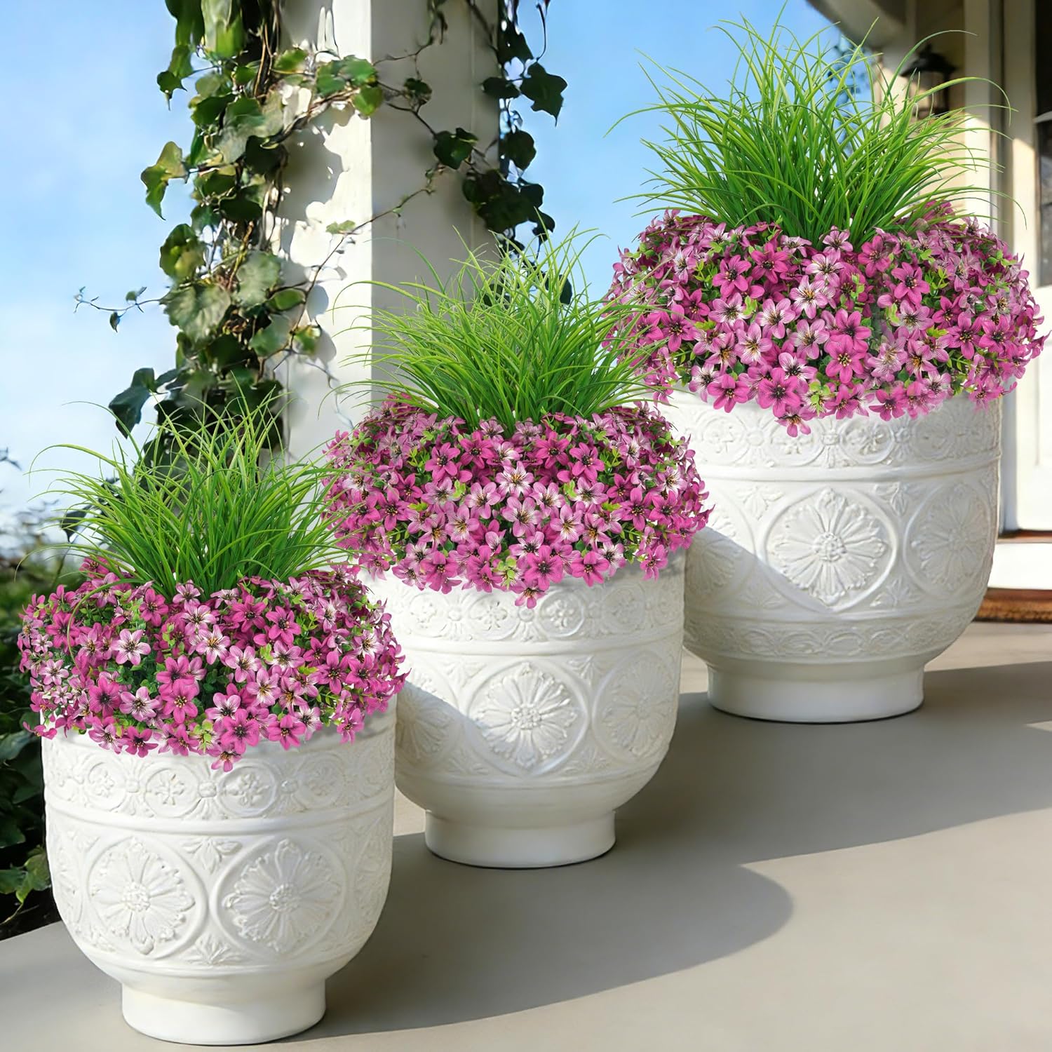 Artificial Flowers,14 Bundles UV Resistant Fake Flowers Daisy with Greenery Plants Wheat grass,Faux Outdoor Flowers for Spring Summer Decoration, Outdoor Faux Plants Home Window Porch Patio Yard
