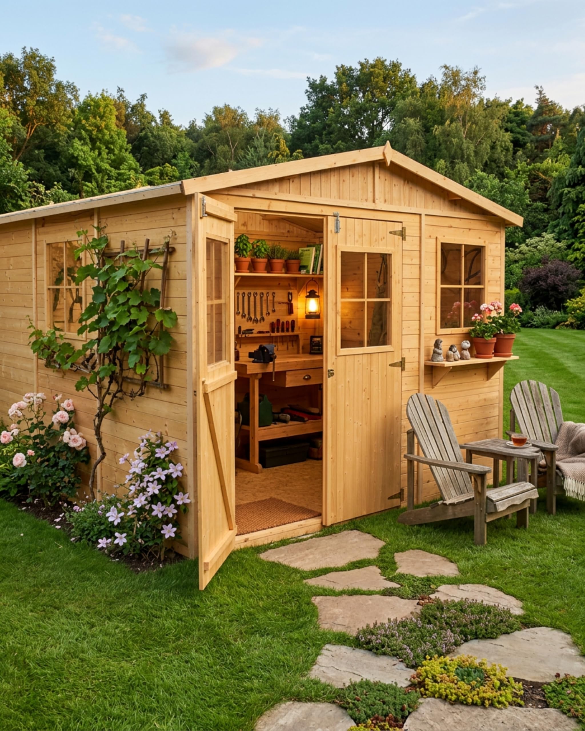 Steiner Shopping Gartenhaus Mainau 300x300 cm aus Holz I Vorgefertigtes Elementhaus mit Satteldach & Dachpappe I Geräumiger Geräteschuppen für Gartengeräte & Fahrräder I Robuste Gartenhütte
