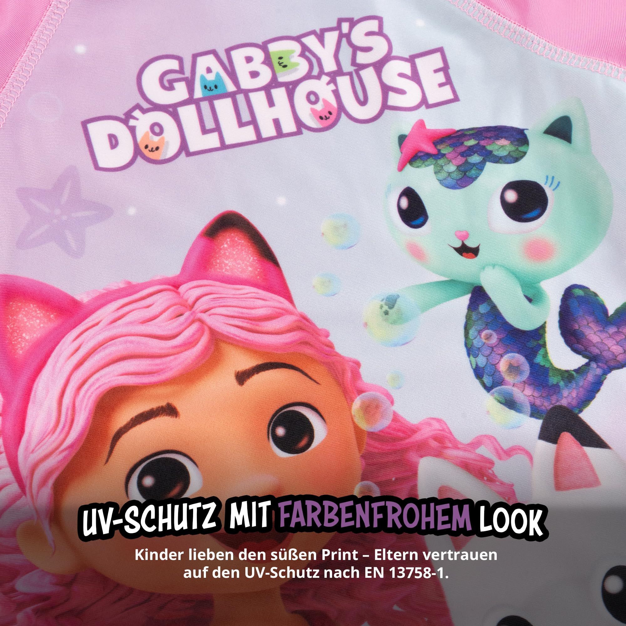 United Labels Gabby's Dollhouse Badeanzug zweiteilig UV Schutz 30 für Mädchen, Rosa Lila, Bademode Kinder mit Shirt und Badehose, Badebekleidung