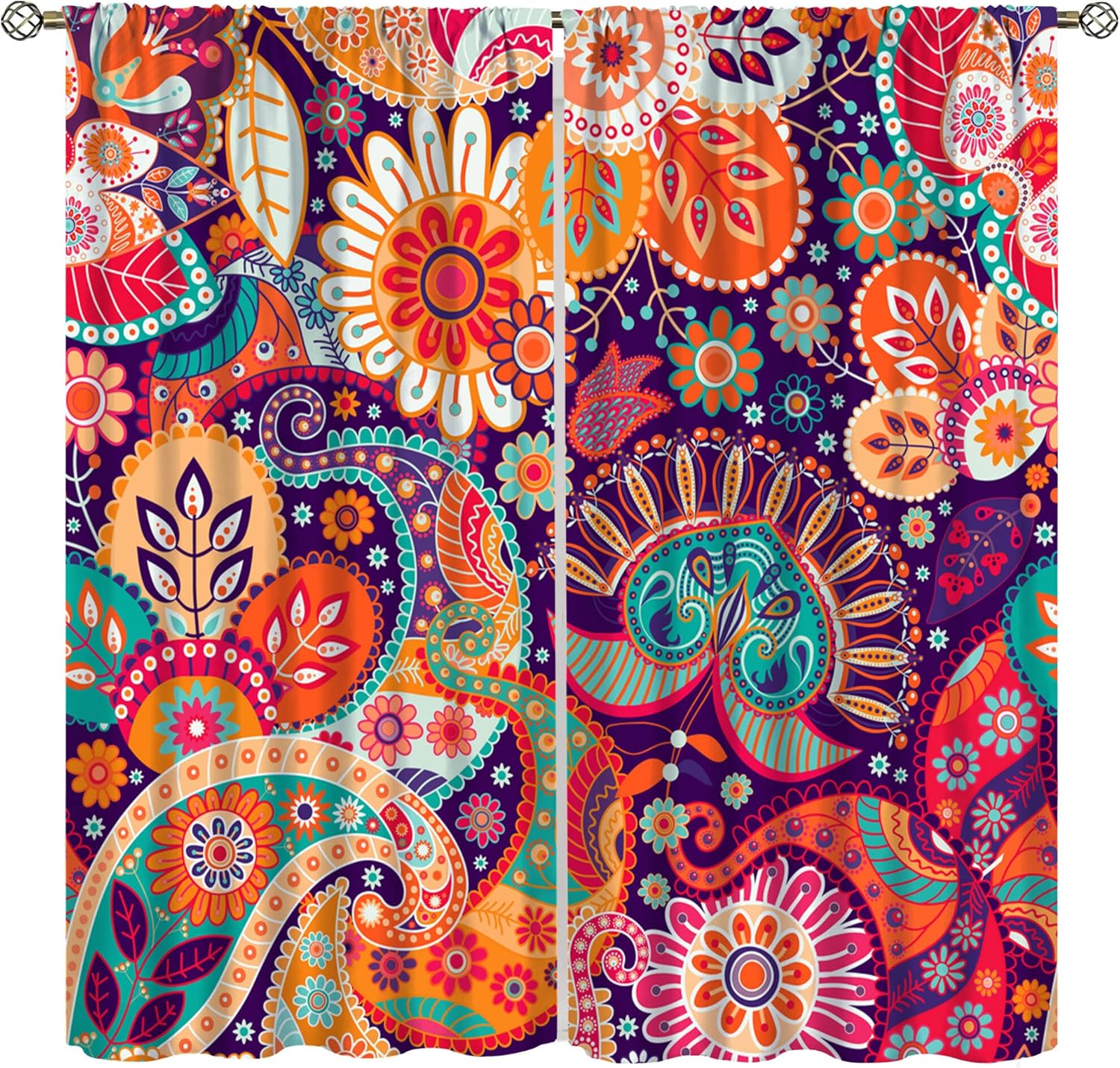 Boho Paisley Decor Blackout Curtains, Damask Retro Ethnic Rustic Paisley Floral Print Rod Pocket Window Treatments Drapes for Bedroom Living Room Home Decor55x63in