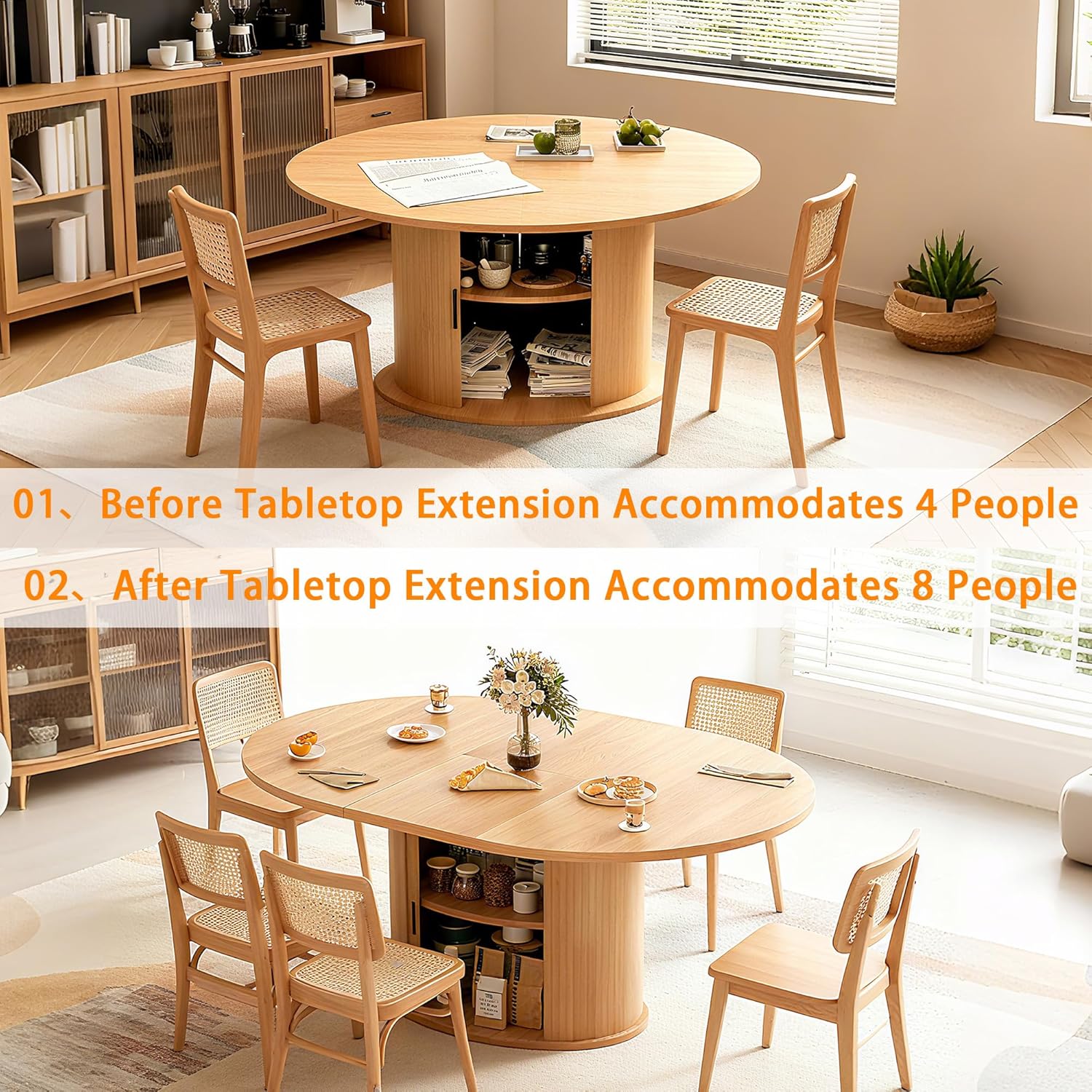 Extendable Round Dining Table for 2-4-6, 63 Inch Dining Room Kitchen Table with 2-Tier Storage Shelf, Modern Farmhouse Fluted Wood Slide Door Dinner Furniture,Oval Circle (Oak-63 Inch)