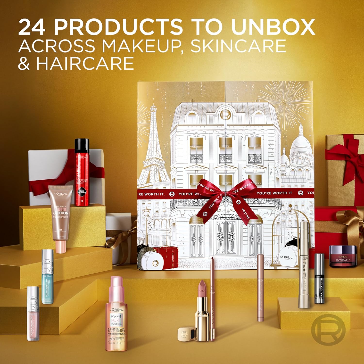 L'Oreal Paris 24 Day Beauty Advent Calendar 2025, Holiday Gift Set Includes Deluxe-Sized and Miniature Makeup, Skincare and Haircare Products - Image 2
