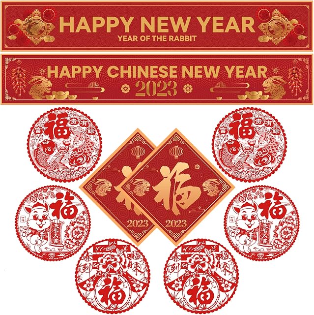 Auihiay 2023 Chinese New Year Decor Set, 11 PCS Spring Festival Decoration Set Including Couplets Banner, Window Sticker, Spring Festival Supplies for Festival Party Decor