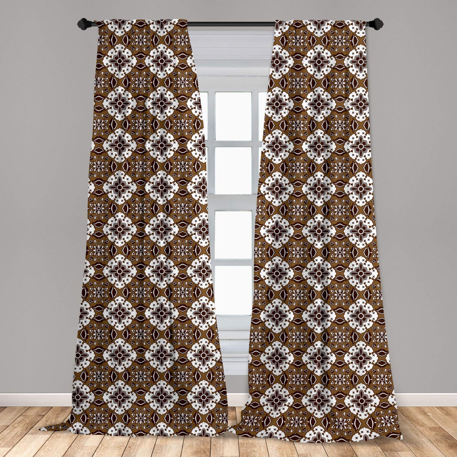 ambesonneAmbesonne Chocolate Curtains, Brown Toned Ancestral Batik Pattern with Floral Indonesian Motifs, Window Treatments 2 Panel Set for Living Room Bedroom Decor, 56" x 84", Dark Brown White Brown