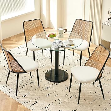 Homedot Rattan Dining Chairs Set of 4, Modern Mid Century Dining Chairs Upholstered Kitchen Chairs Boucle Stylish Cane Chairs with Metal Legs for Apartment, Dining Room