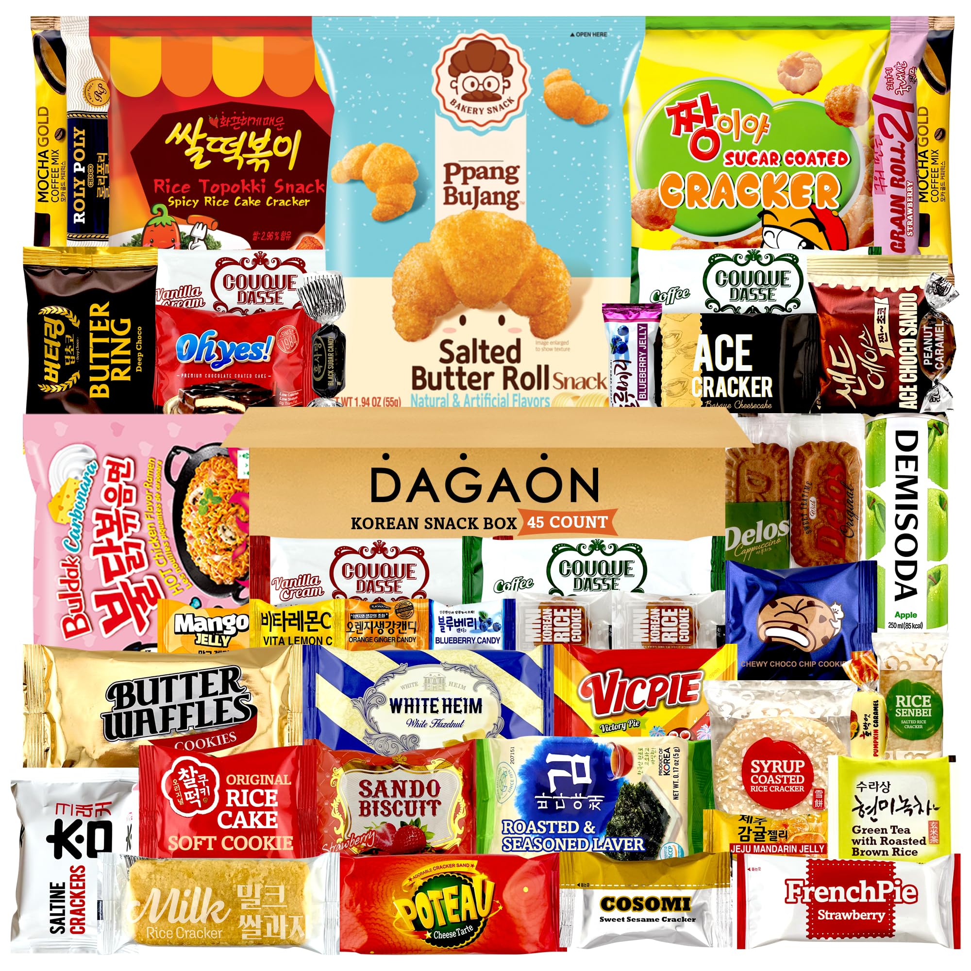 DAGAON Korean Snack Box 45 Count – Variety Snacks Including Korean’s Chips, Biscuits, Cookies, Pies, Candies. Appetizing Korean treats for any occasions, gifts and everyone.