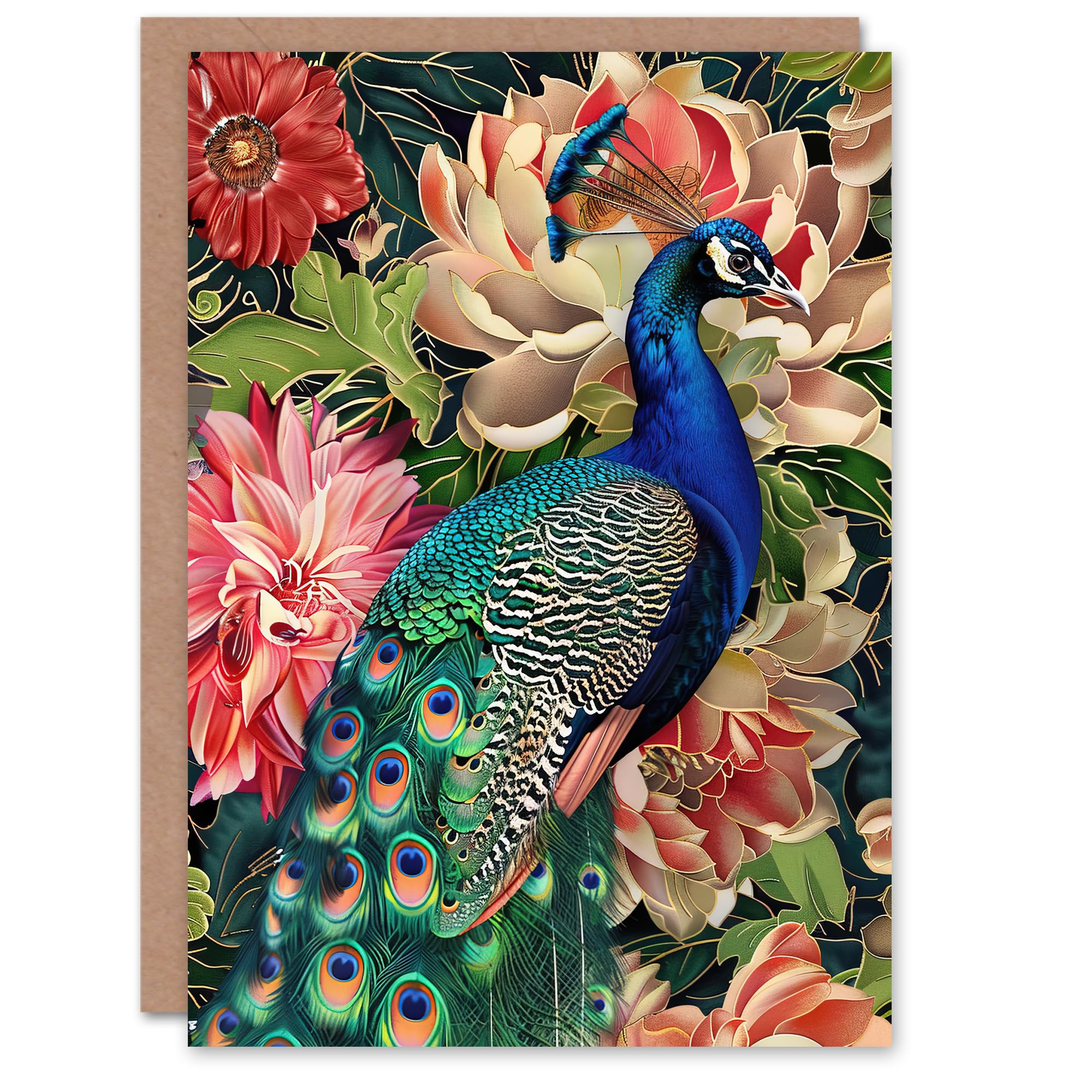 Artery8 Peacock Bird with Flower Pattern Stylised Design Greeting Birthday Card Him Her All Blank