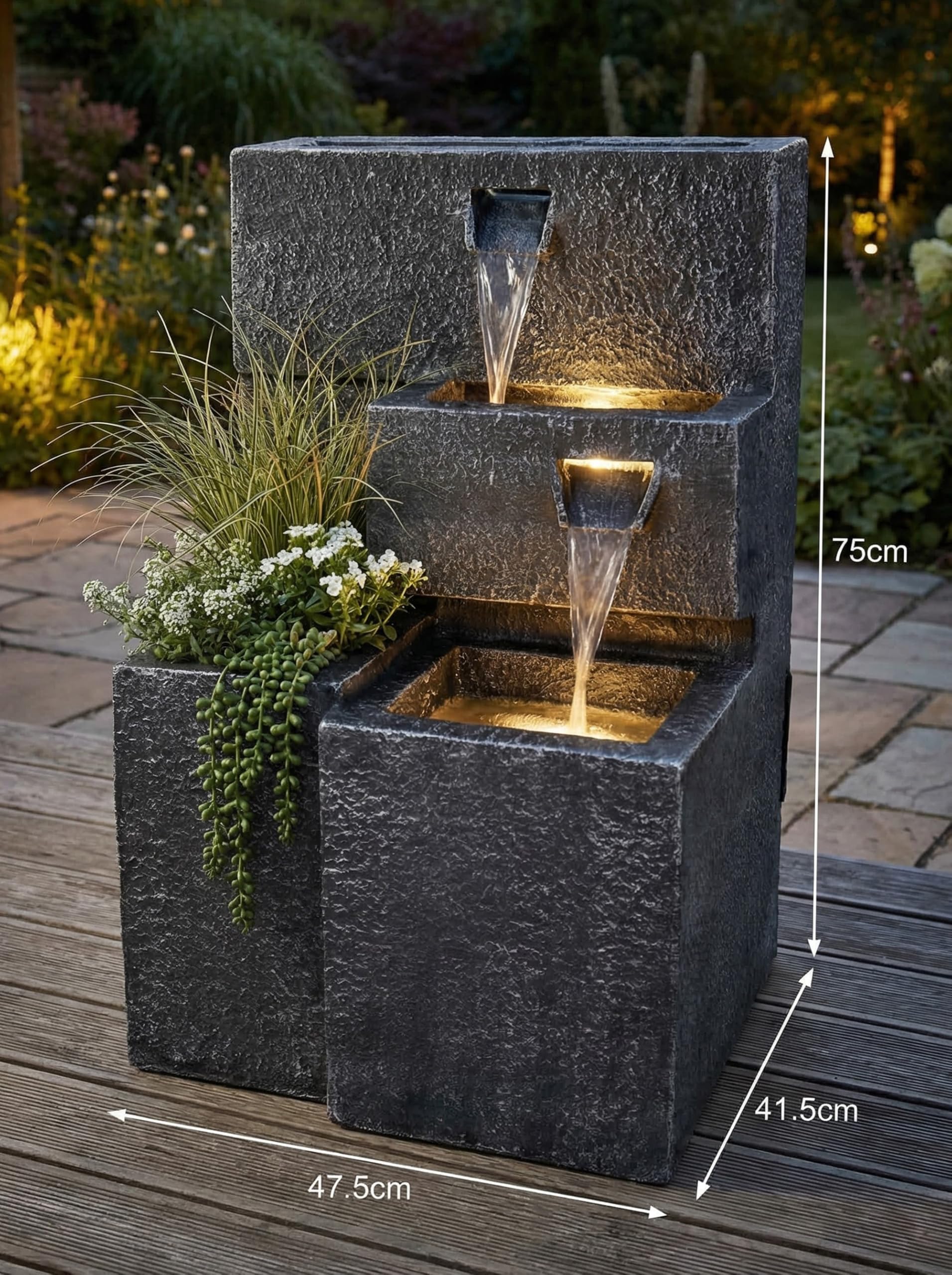Grada, Fontaine avec éclairage LED, Cascade, Jeu d'eau avec Espace de Plantation, pour terrasse de Jardin et Balcon
