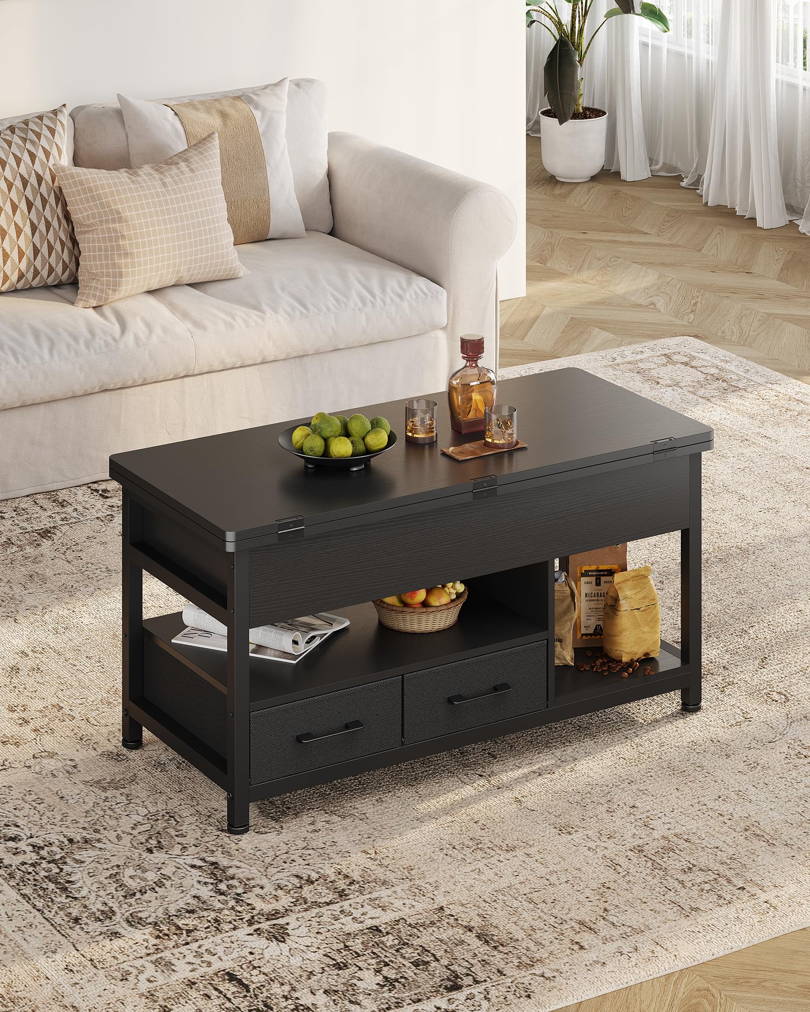 Couchtisch Höhenverstellbar, 3-in-1-Multifunktions-Wohnzimmertisch, Couchtisch mit 2 Schubladen, Kaffeetisch, Versteckte Aufbewahrung, Offenes Fach, Als Esstisch nutzbar, für Wohnzimmer, Büro, Schwarz