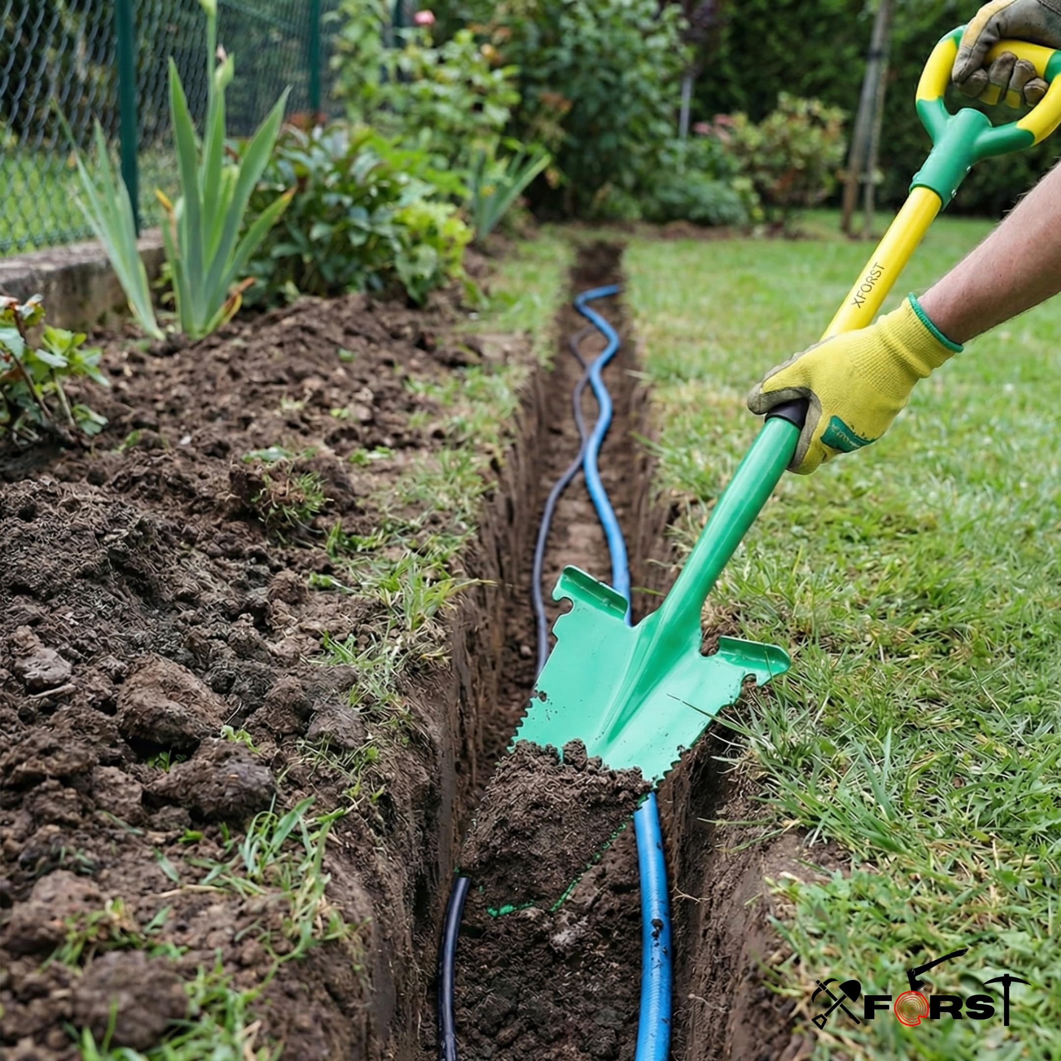 Xforst Vanga da Giardino SZ3 – Vanga con Sega per Radici 114 cm – Lama in Acciaio al Carbonio 25×35 cm – Manico in Fibra di Vetro Giallo con Impugnatura Ergonomica – Attrezzo da Giardinaggio e Outdoor