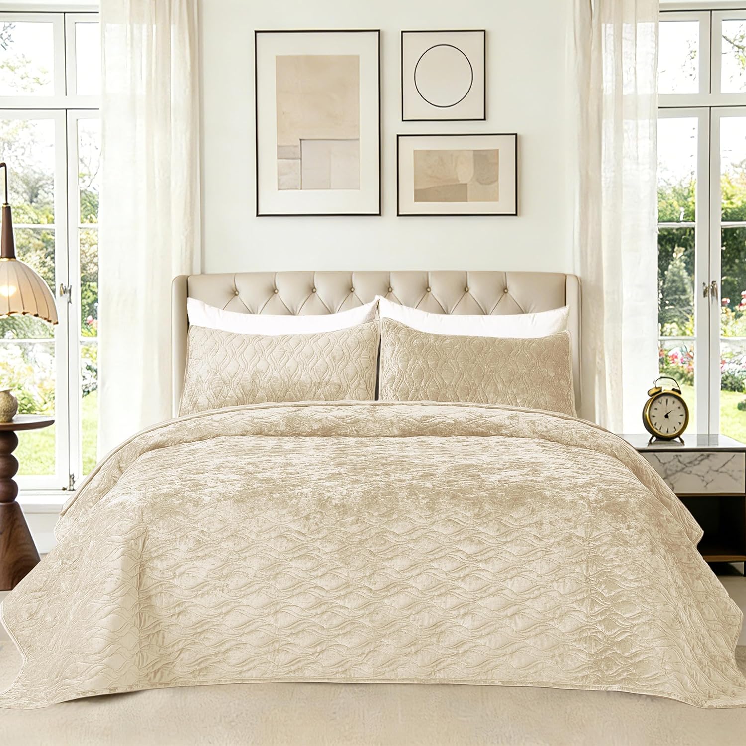 Luxury Oversized King Quilt 120x120 Bedspreads Coverlet Bedding Set Velvet Comforter King Size 3 Pieces Set with 1 Quilted Beauty Bedspreads and 2 Pillow Shams 20x36,Beige