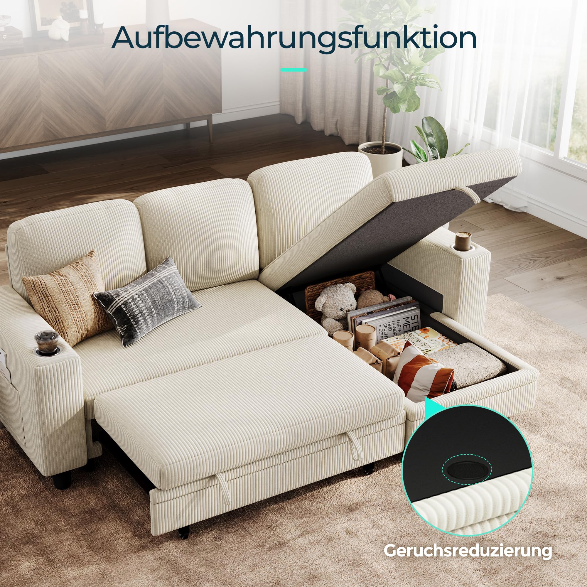LINSY HOME Schlafsofa Ausziehbarer Couch, Ecksofa mit Schlaffunktion, Stauraum, Cord-Bezug L-Form Modulare Sofas mit Chaiselongue für Wohnzimmer und Wohnungen (Beige, L-Form)