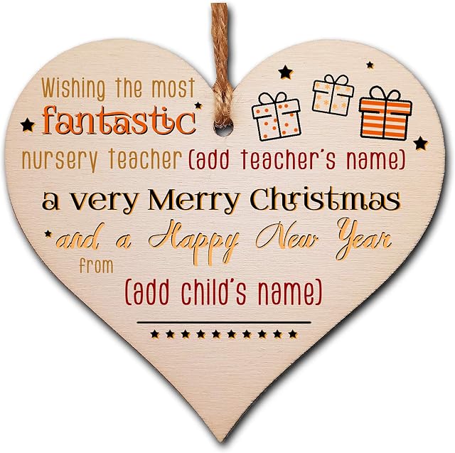 Personalised Handmade Wooden Christmas Hanging Heart Plaque Gift Wishing the most fantastic nursery teacher xmas wishes card alternative from child Thank You present
