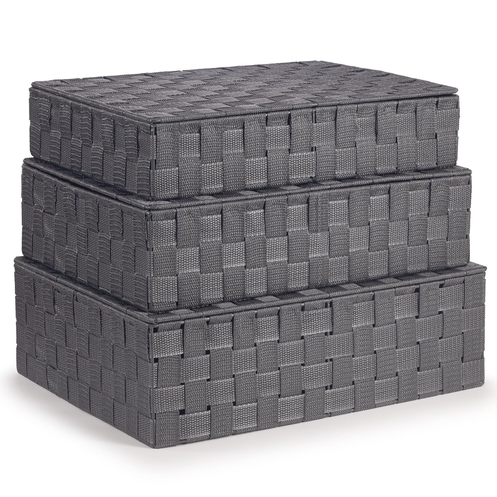 Ehc Grey With Lid Storage Boxes With Lid Set Of 3, Storage Baskets For Shelves Woven, Storage Organiser Hamper Baskets, Grey